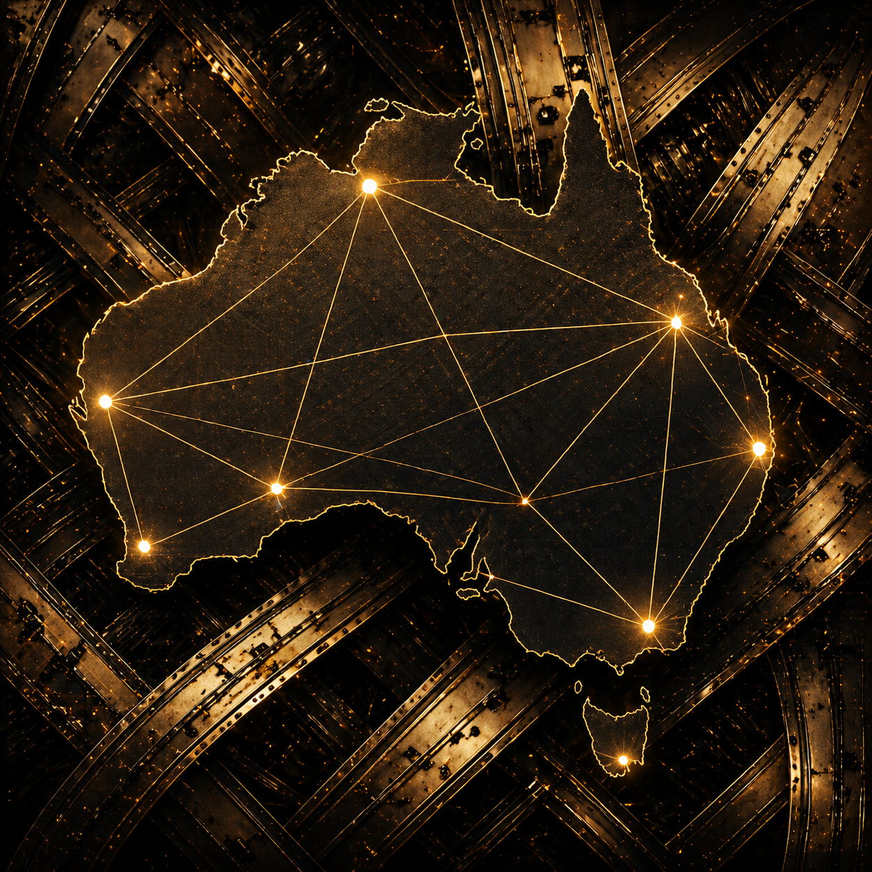 Digital map of Australia with connected network nodes highlighted with bright points, set against a dark, futuristic background with glowing lines and data streams.