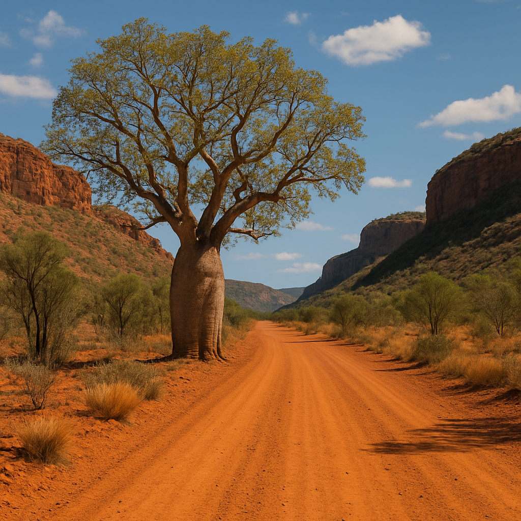 Square image of Kimberley WA outback road through a gorge with a dominant boab tree - representing remote northern WA country, rugged ranges and Kimberley wilderness access.