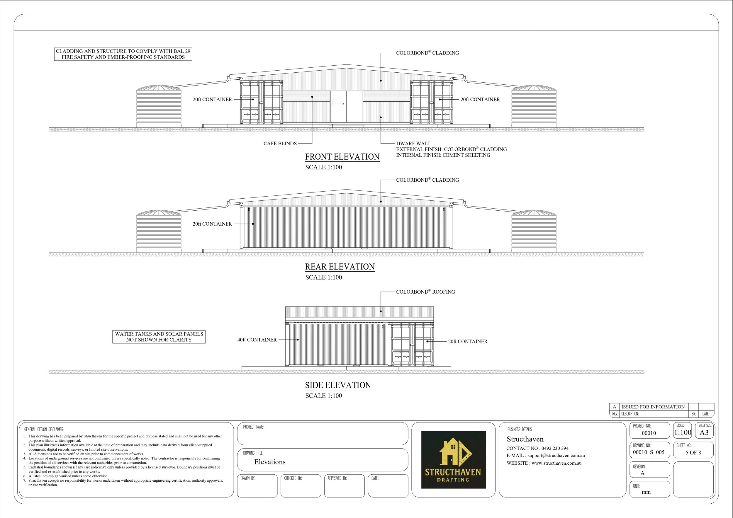 Shipping container compound elevations showing front, rear, and side views with Colorbond cladding, roof profile, BAL 29 compliant construction, and container integration