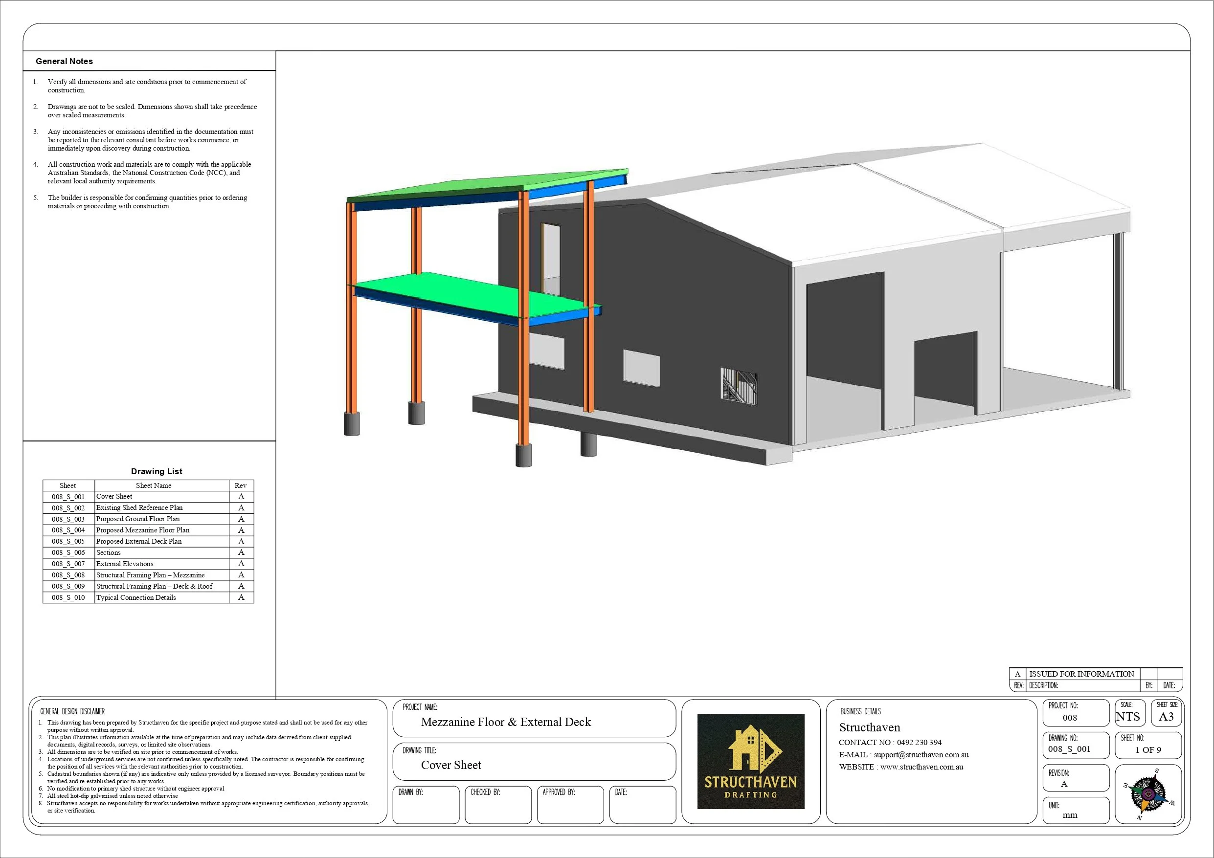 3D drafting model showing proposed mezzanine floor and external deck structure added to an existing steel shed in Hideaway Bay Queensland.