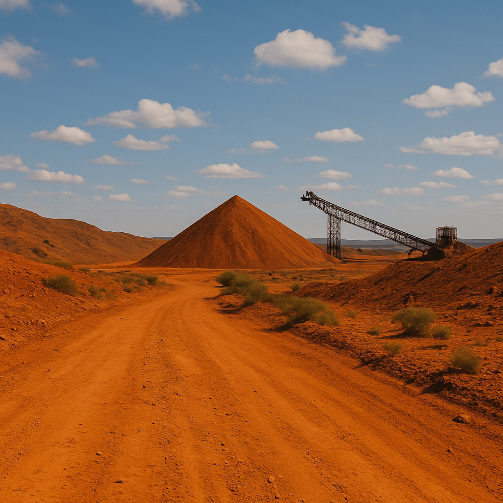 Square image of Pilbara WA red outback with a large ore stockpile and conveyor system - representing iron ore mining landscapes, processing infrastructure and Pilbara remote sites