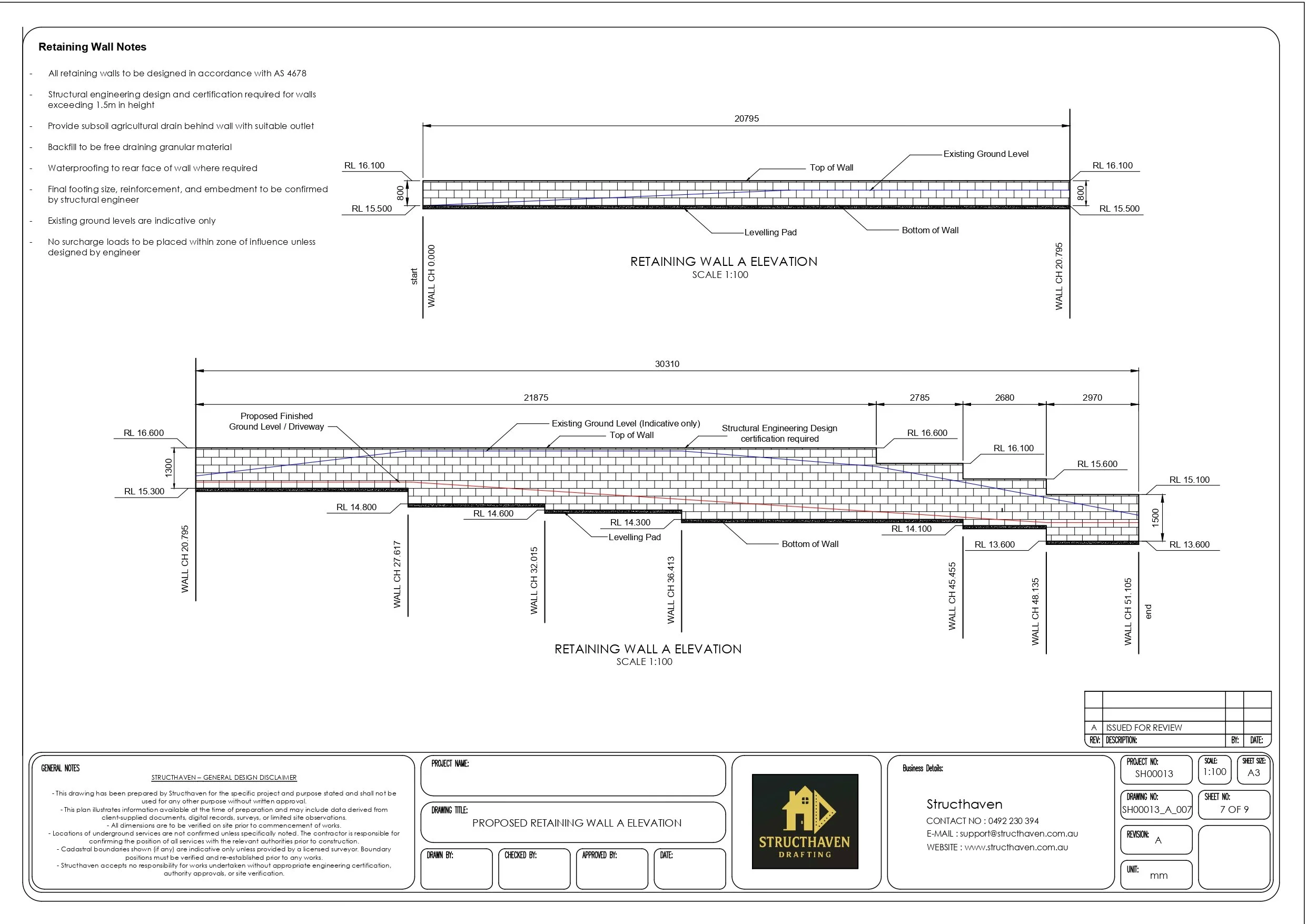 Retaining wall elevation design for sloping site in Binningup WA showing stepped wall levels, drainage, and structural certification requirements for residential development.