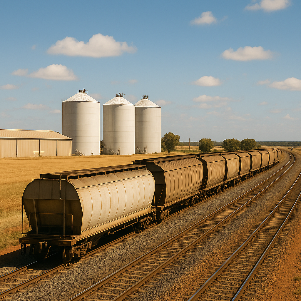“rail freight line passing grain silos in wide open agricultural plains of the Riverina”