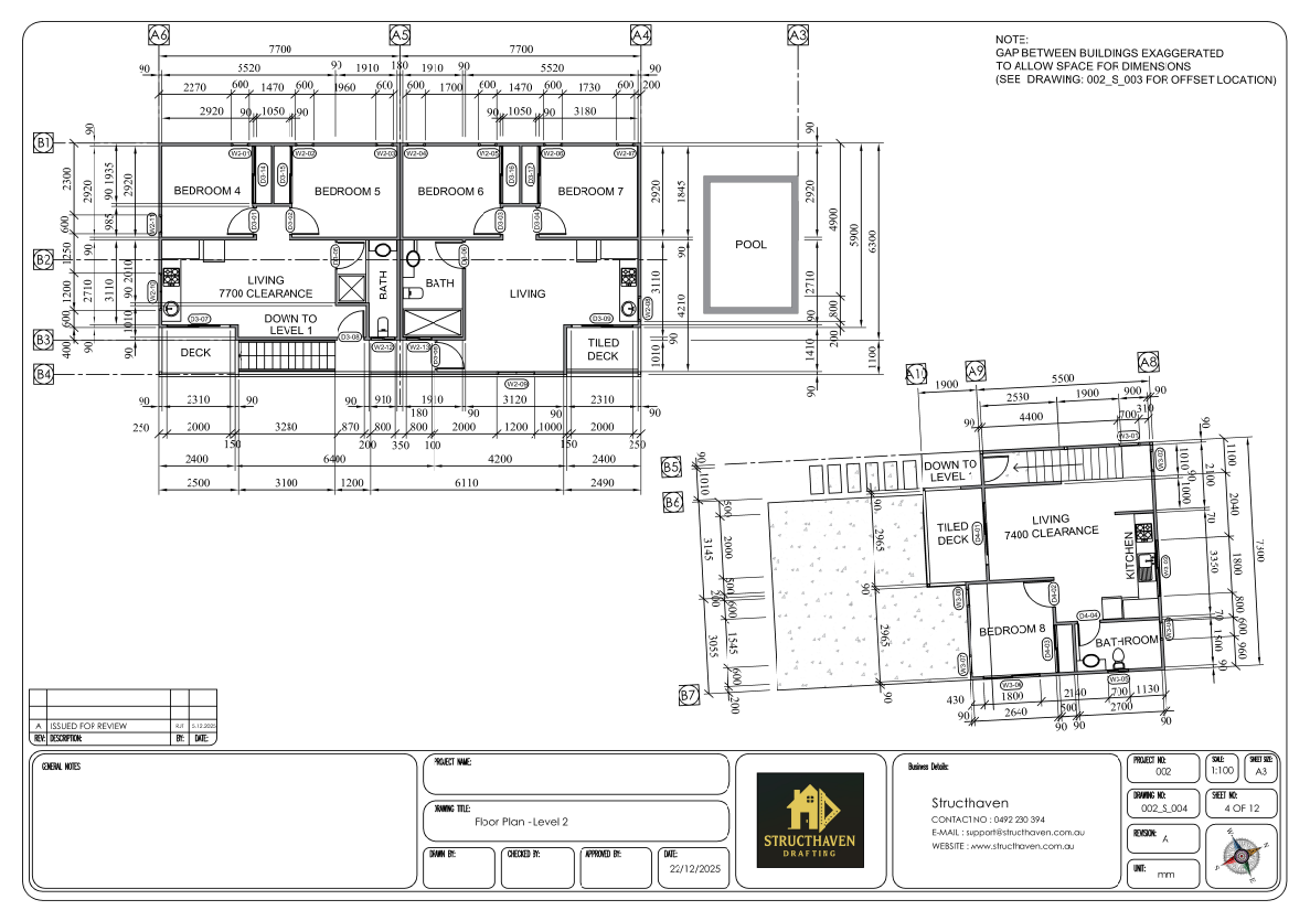 Elevation drawing showing the exterior view of a double-story residential property with a 1-bedroom unit.