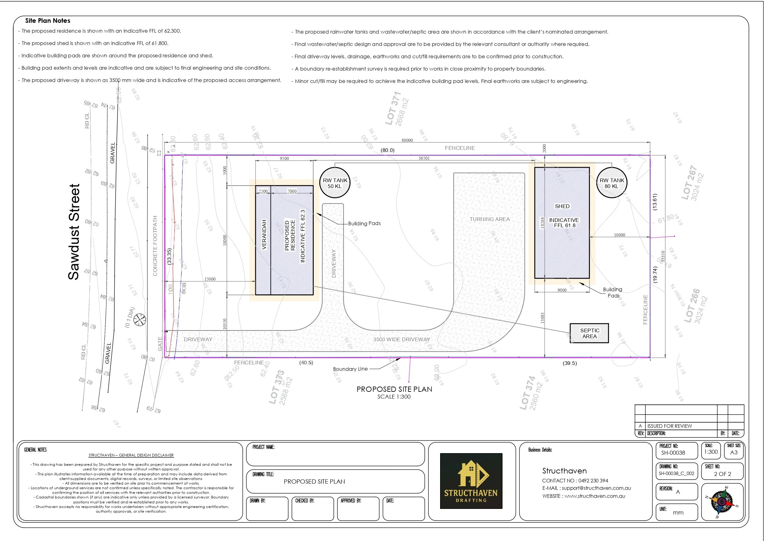Karridale residential site plan showing proposed house, shed, rainwater tanks, wastewater area, driveway, contours and building setbacks