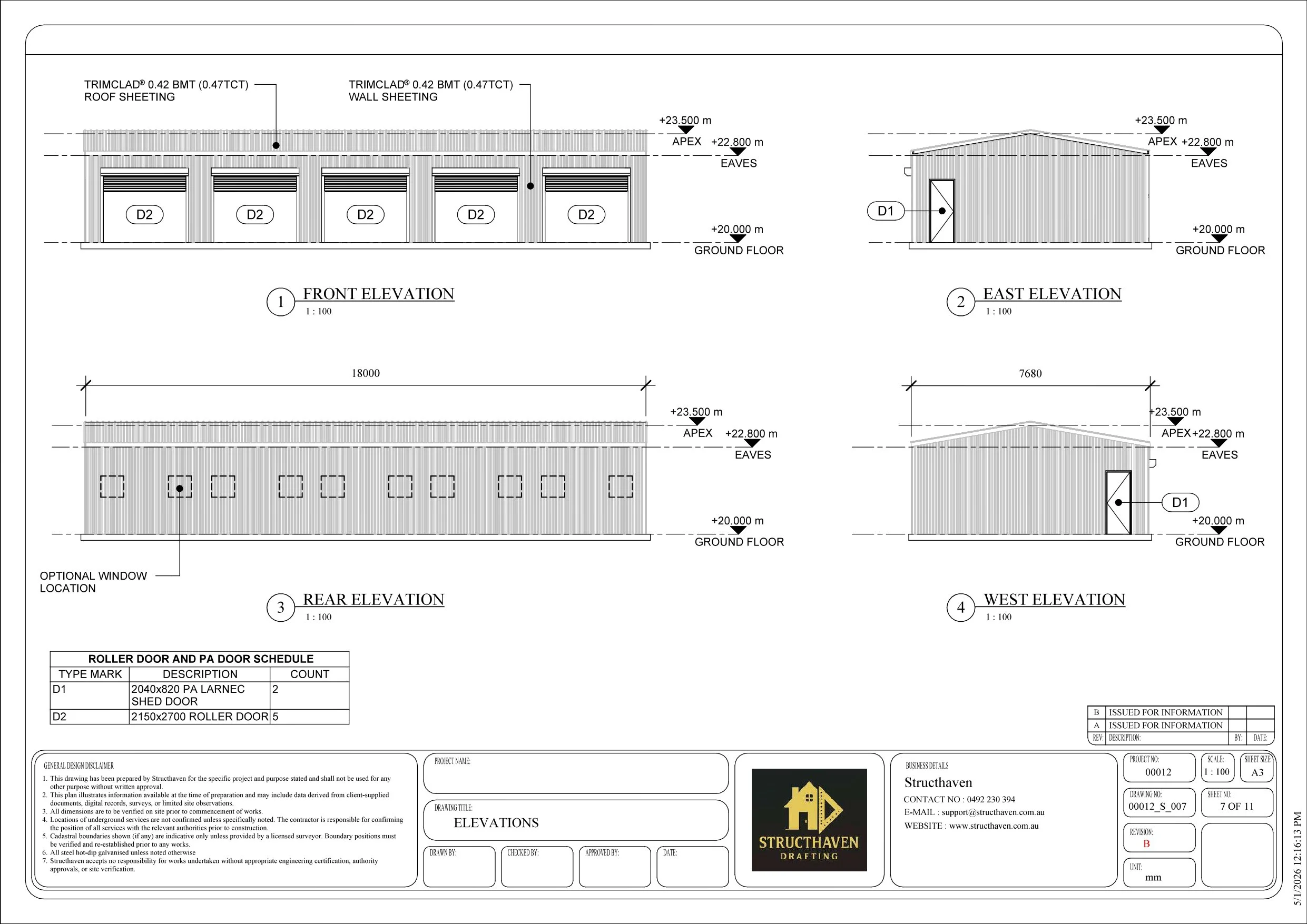 Garage elevation drawings in Kalgup WA showing front, rear and side elevations with gable roof design and rural workshop structure.