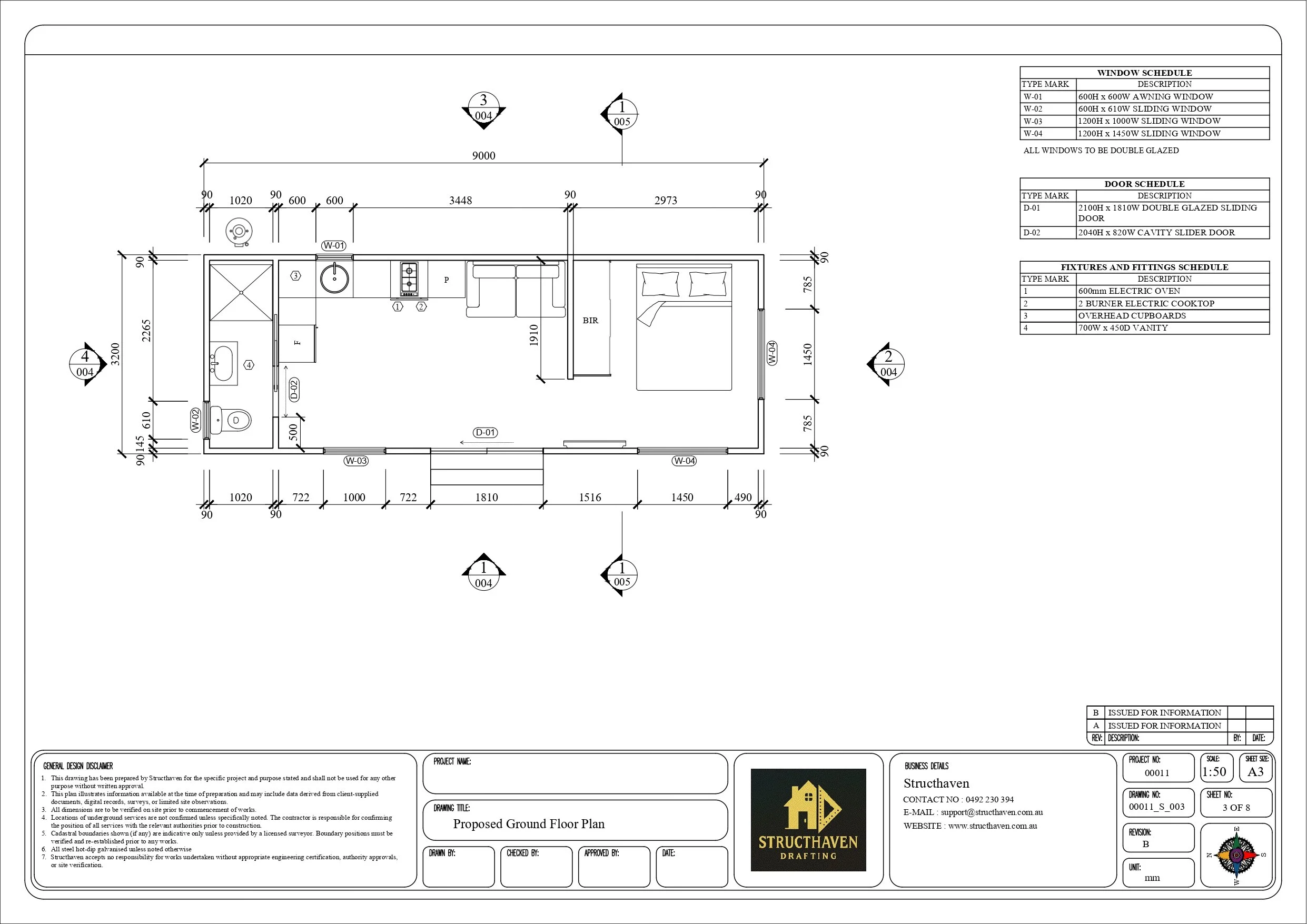 Proposed ground floor plan for a one-bedroom residential pod at Kangarilla, SA, showing room layout, dimensions, doors, windows, fixtures, and kitchen, bathroom and bedroom arrangement.