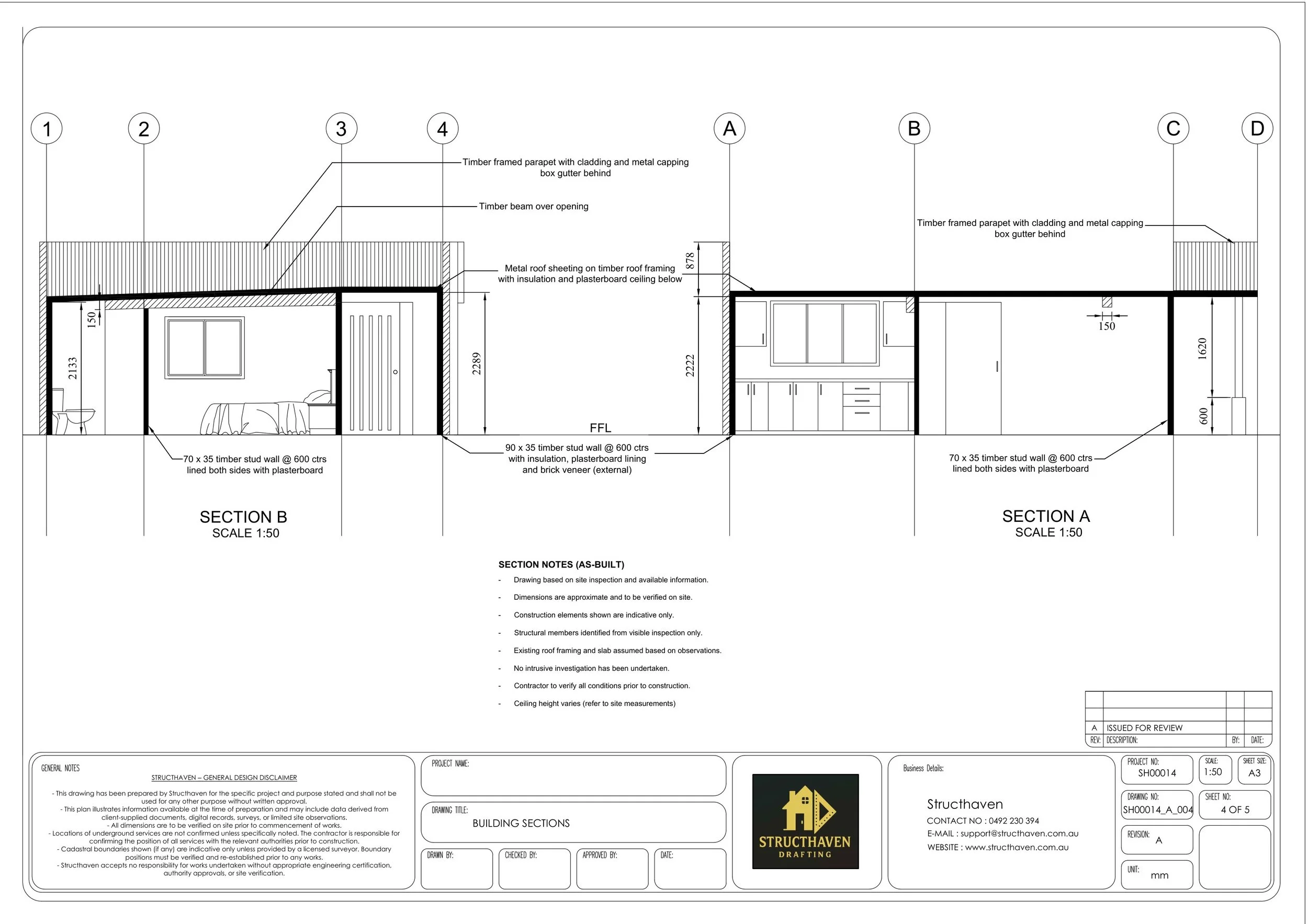 Building section drawing showing ceiling heights, roof slope and structural relationships within coastal granny flat conversion in Bunbury