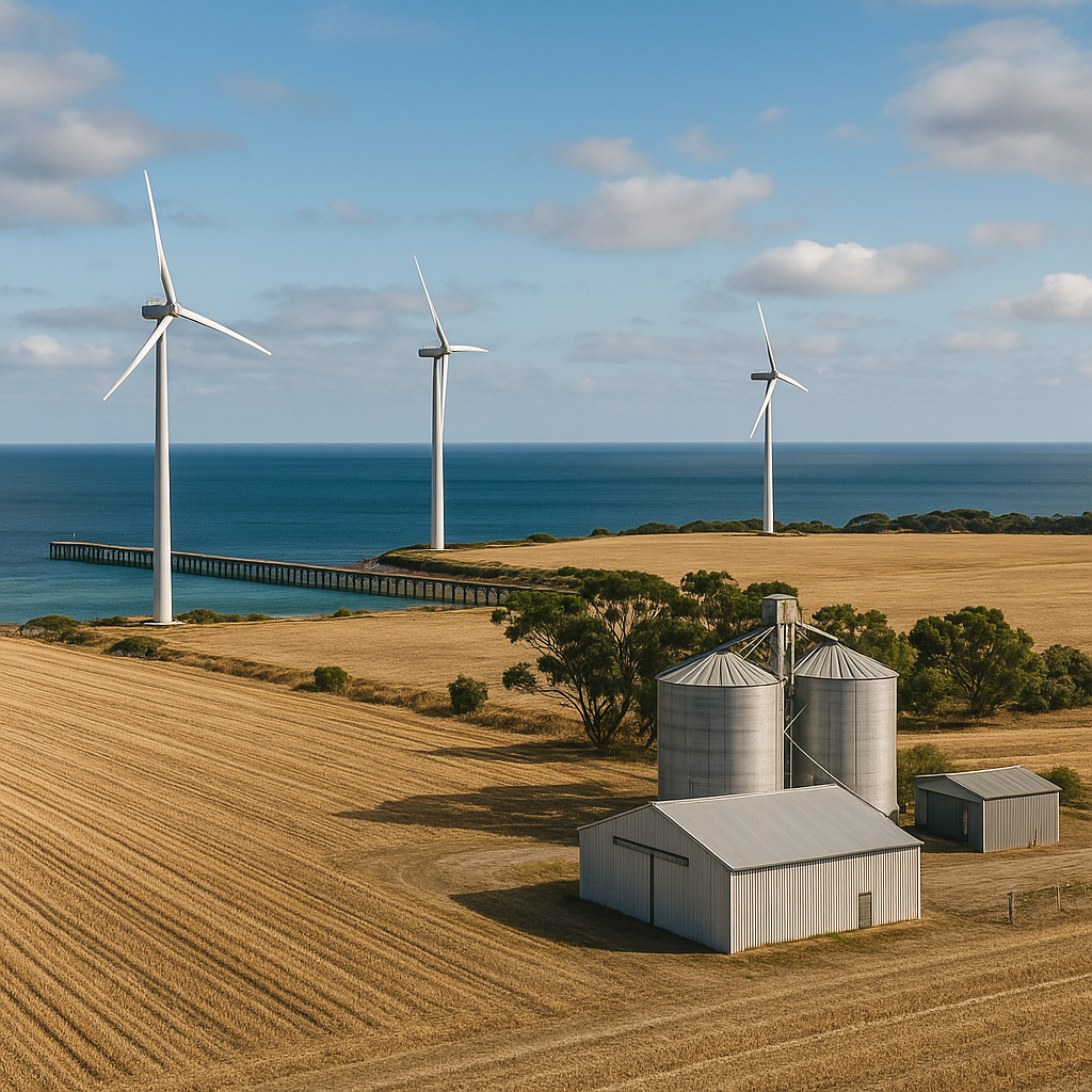 Coastal scene featuring wooden jetty stretching over turquoise ocean water near rural farmland and silos, representing Structhavens drafting and design services for marine, agriculture, and coastal infrastructure projects across yorke and eyre