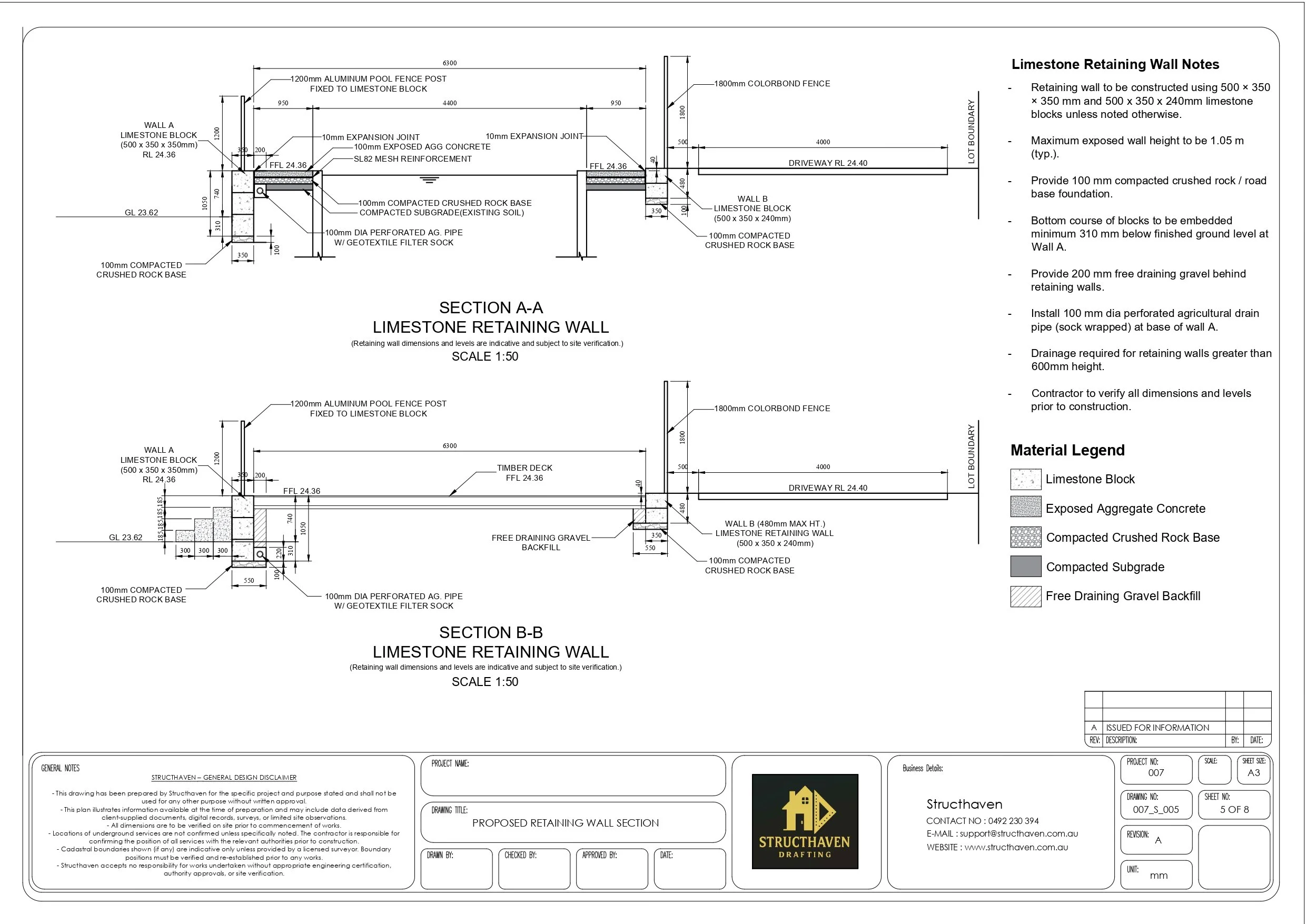 Construction section drawing of limestone retaining wall with drainage system and structural detailing for residential landscape works