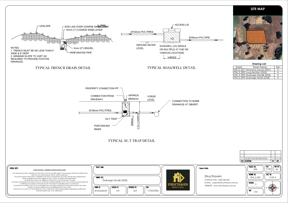 Drainage specification and compliance notes for Shire stormwater submission.