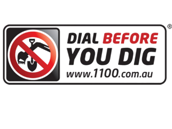 A slogan sticker emphasizing to call before digging, with a red circle and line crossing out a hand holding a shovel, and a web address at the bottom.