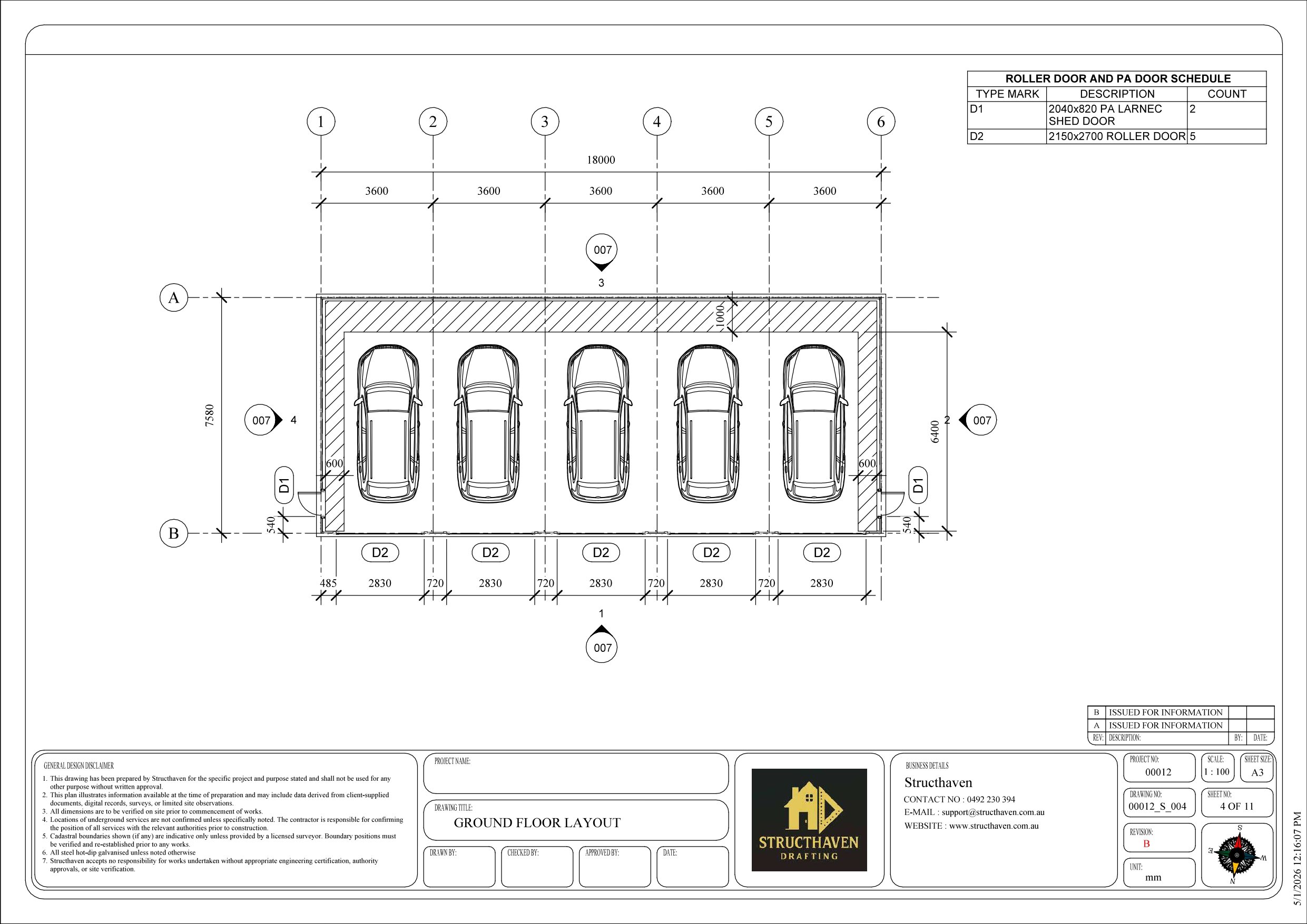 Floor layout drawing for a rural 5-bay garage in Kalgup Western Australia showing vehicle bays, roller door configuration, internal dimensions and rural garage planning layout by Structhaven.