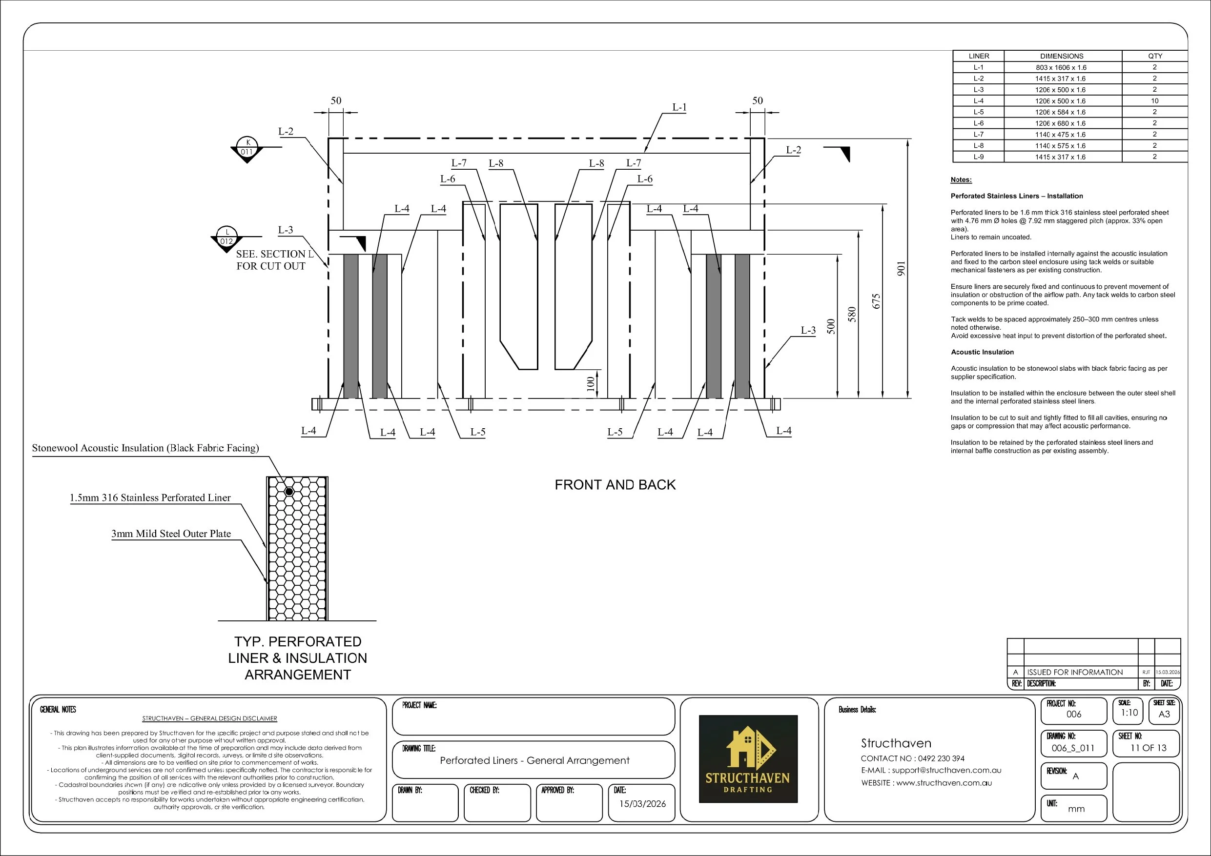 "Perforated liner and stonewool insulation arrangement detail for sound attenuated housing, showing section through the unit with dimensions and material specifications."