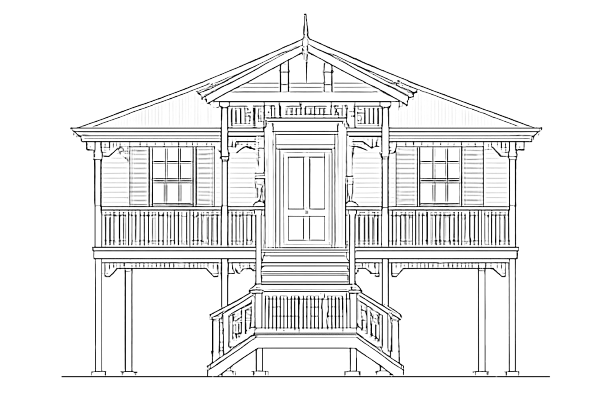 "Wooden house elevated on stilts with a large verandah, surrounded by lush greenery."