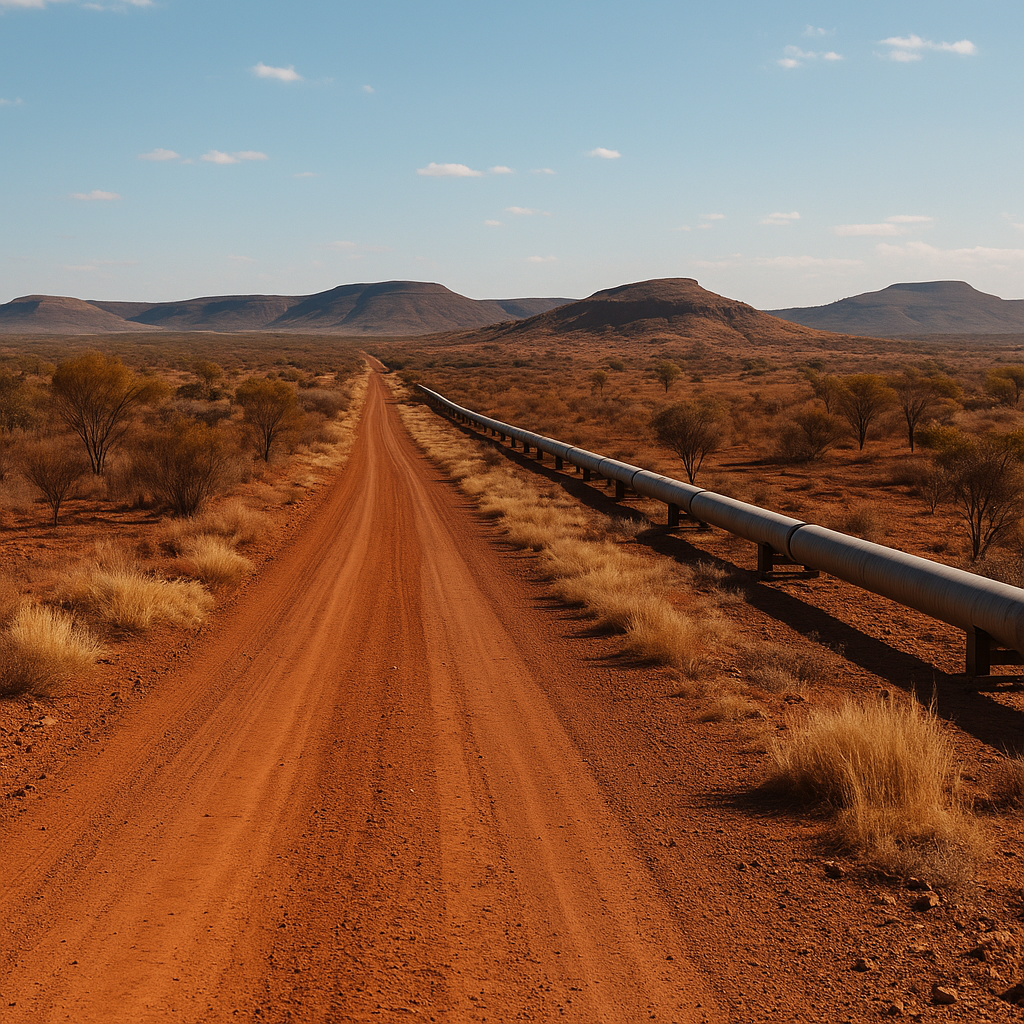 “Square image of remote outback gas pipeline running across dry scrub plains and low hills in the North West and Gulf Country of Queensland.”