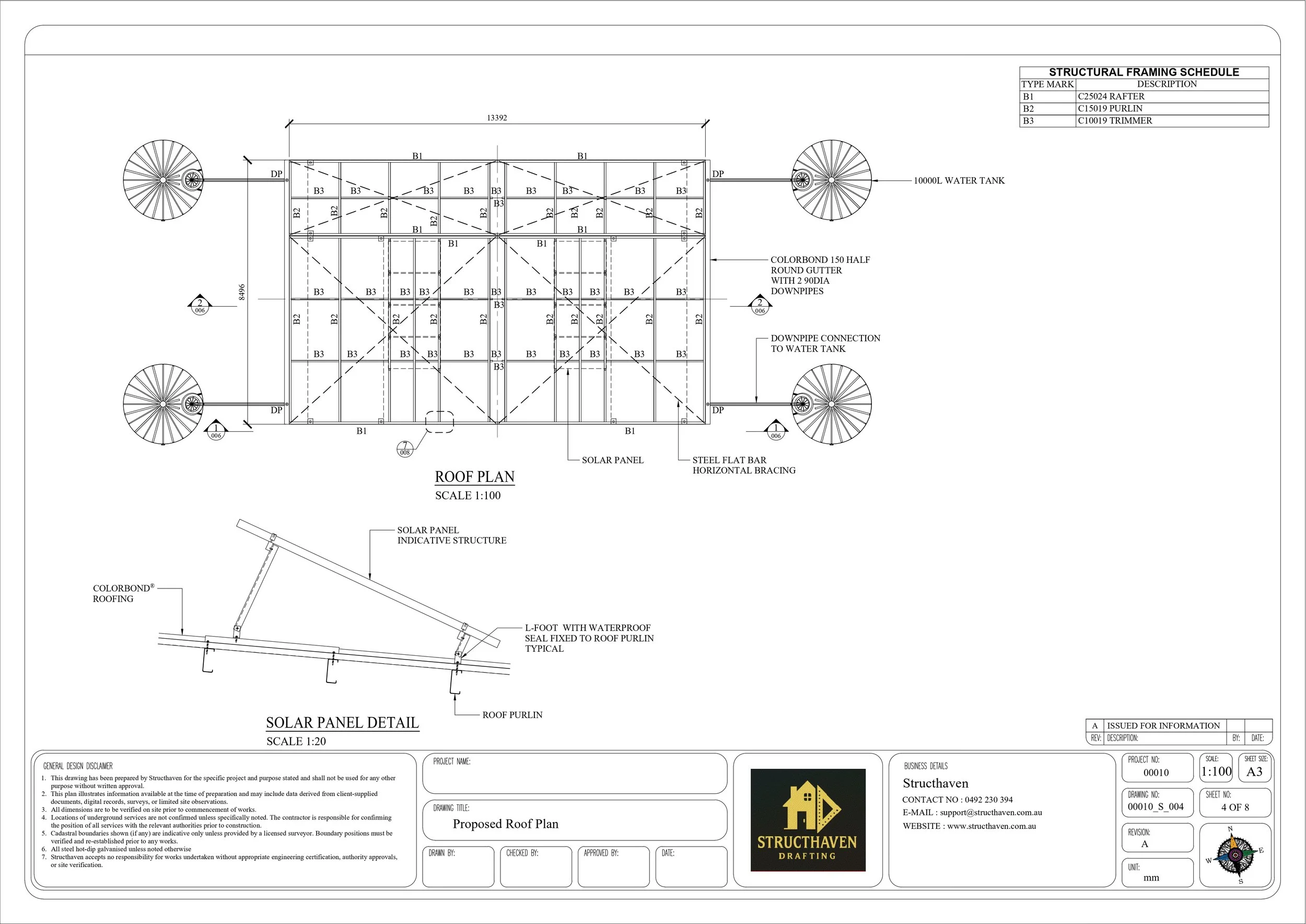 Roof plan of shipping container compound featuring structural steel framing, Colorbond roofing, solar panel layout, guttering, and water tank connections for remote infrastructure design