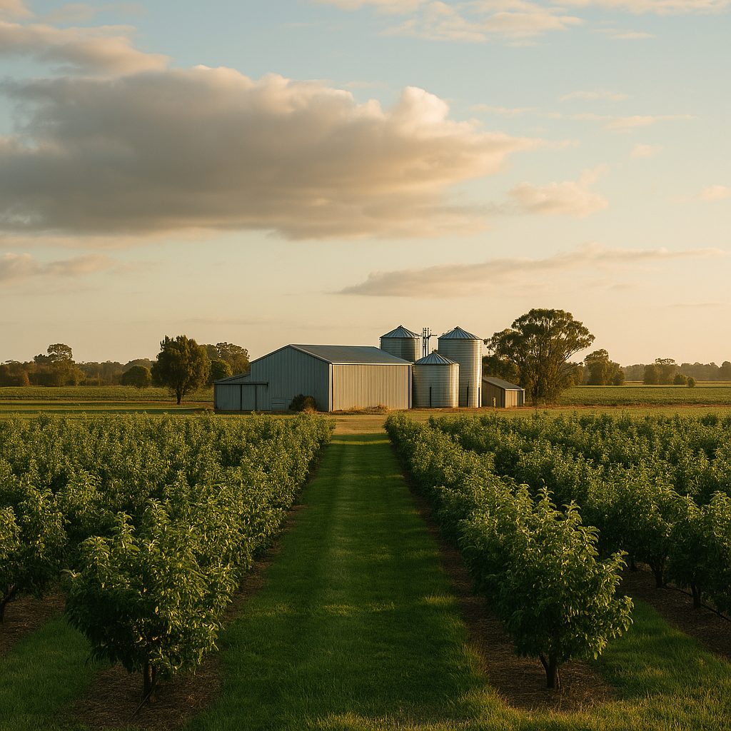 Late-afternoon sunlight over lush orchards in the Goulburn Valley with distant packing shed and silos - showcasing Structhavens drafting work for agricultural, food processing, and manufacturing projects across Northern Victoria