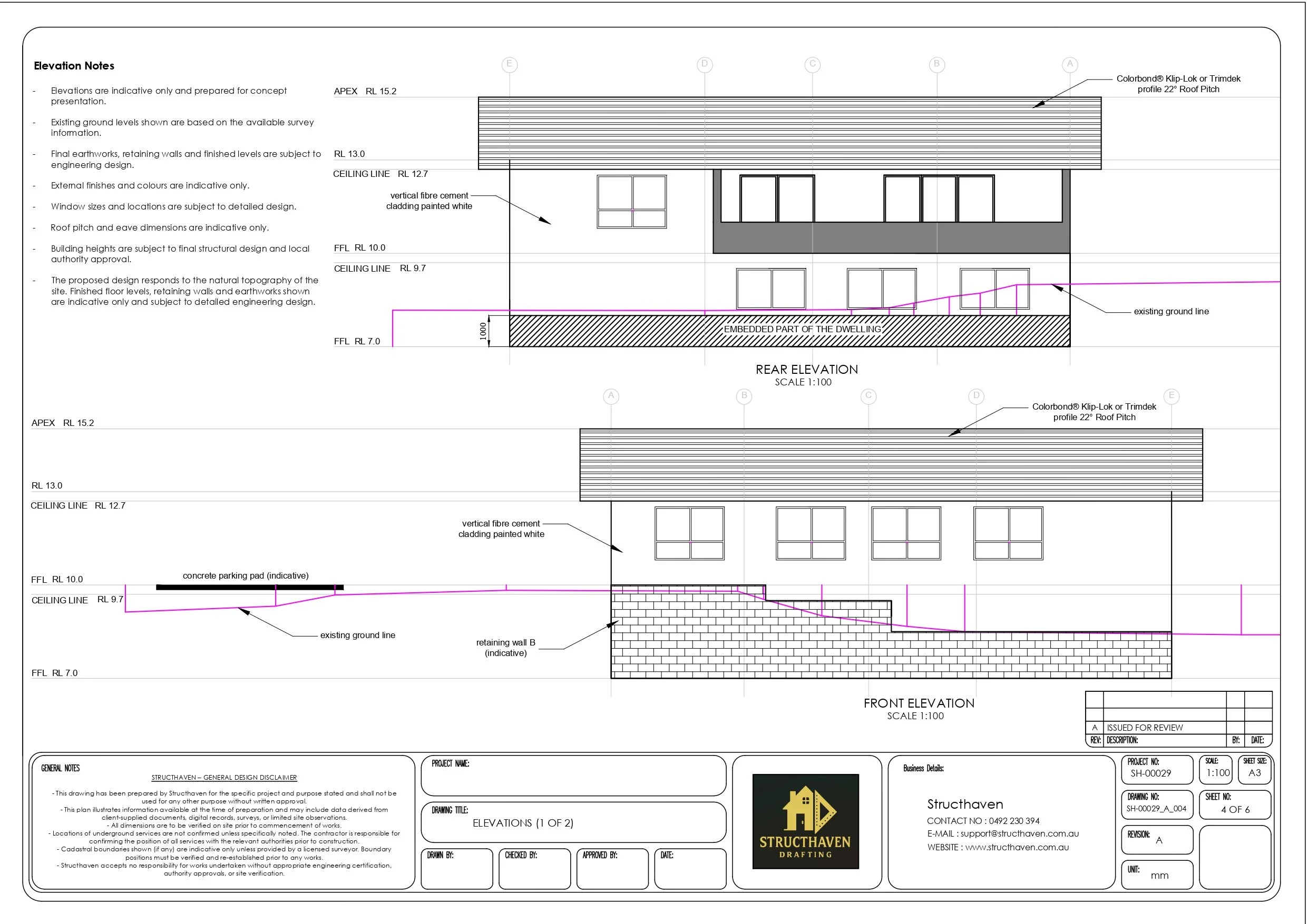 Residential concept elevations showing a contemporary gable roof, vertical cladding and timber feature elements.
