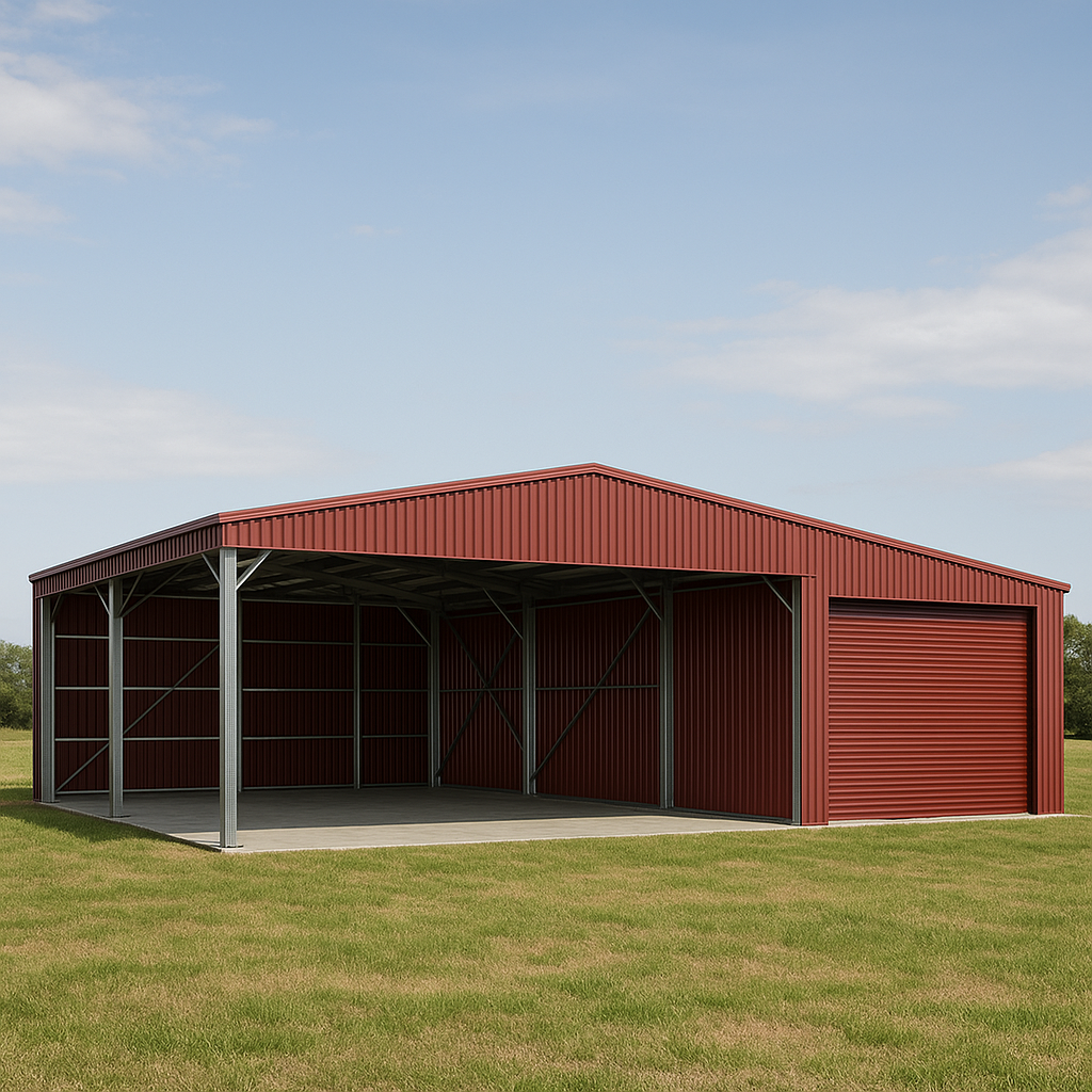 Red metal carport with a roll-up door, open on one side, situated on grass under a blue sky with some clouds.