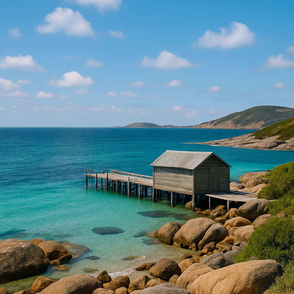 Square image of Great Southern WA coastline with turquoise water, granite boulders and timber wharf - representing Albany / Denmark coastal environments and marine-adjacent development.