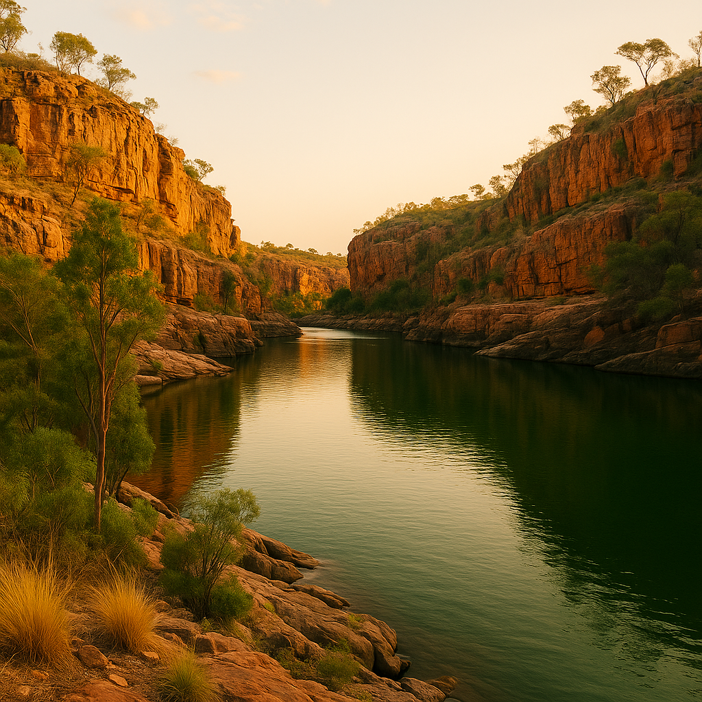 “Nitmiluk Gorge in Katherine NT featuring sandstone cliffs and still reflective water in warm golden light.”