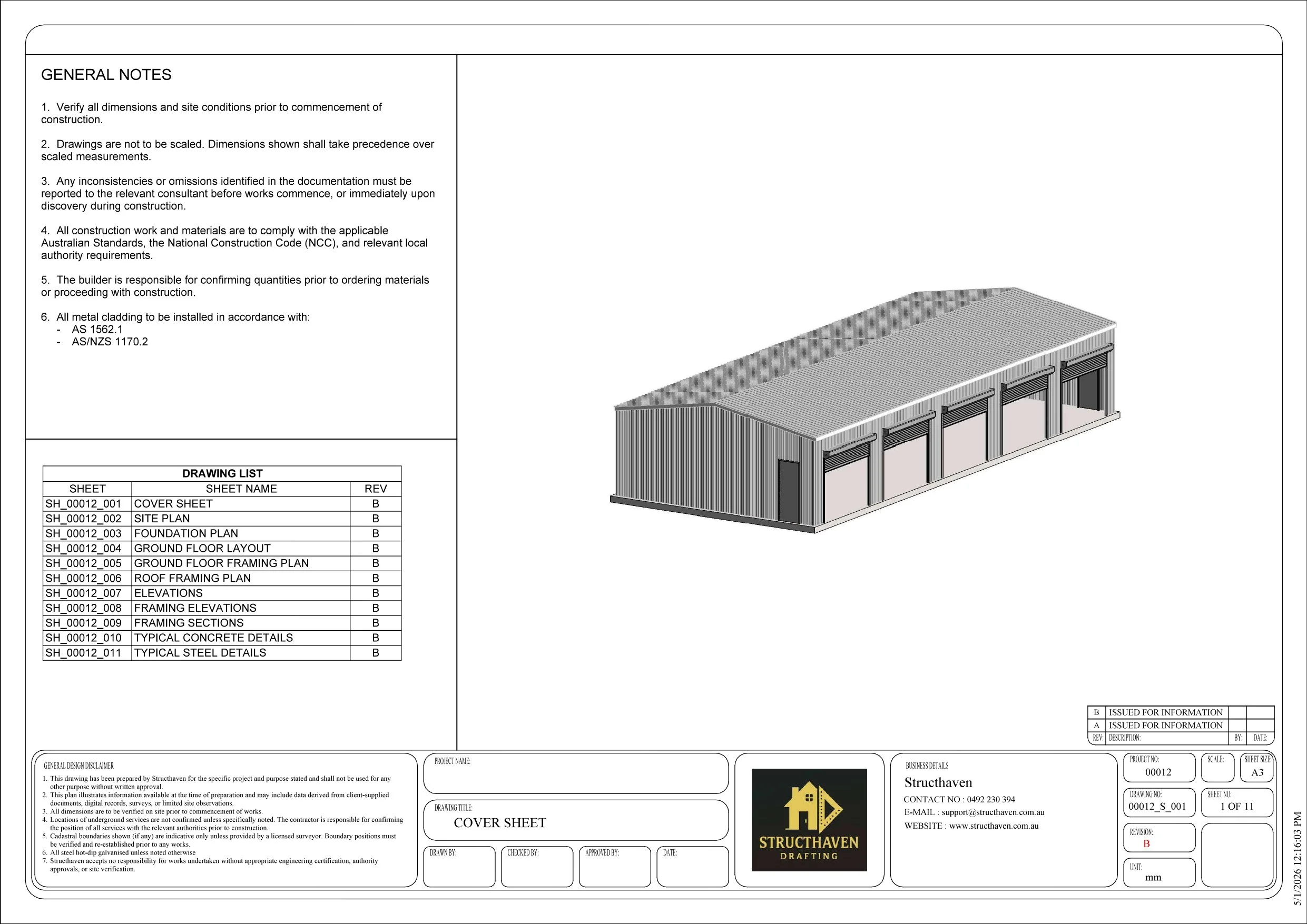 5 bay rural garage drafting package in Kalgup WA showing project cover sheet, structural documentation and construction drawing set by Structhaven.