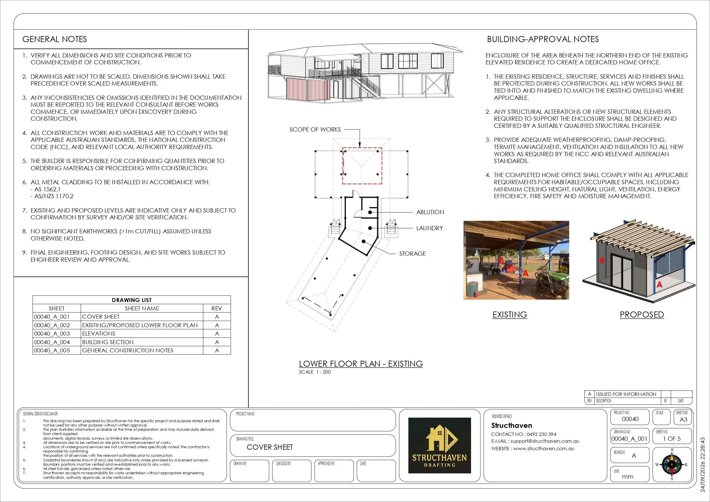 Under-house office enclosure integrated beneath an existing elevated home in Cossack NT.