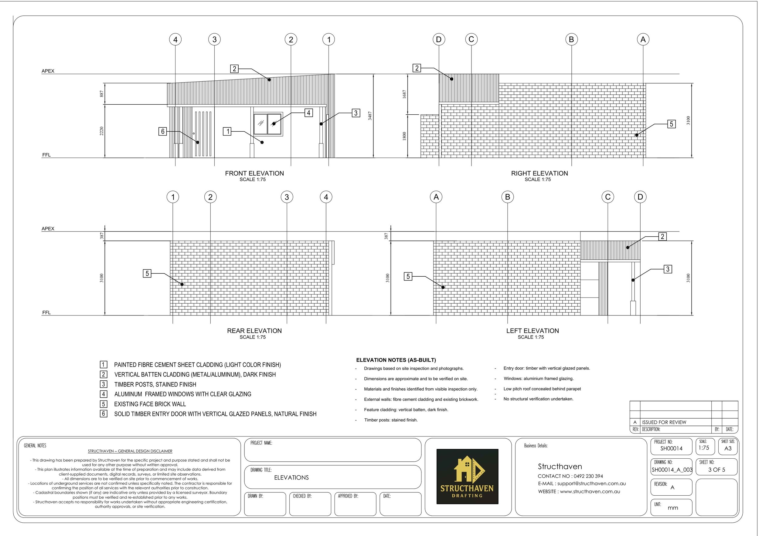 External elevations of coastal granny flat showing building form, cladding and openings for converted garage structure in Bunbury WA
