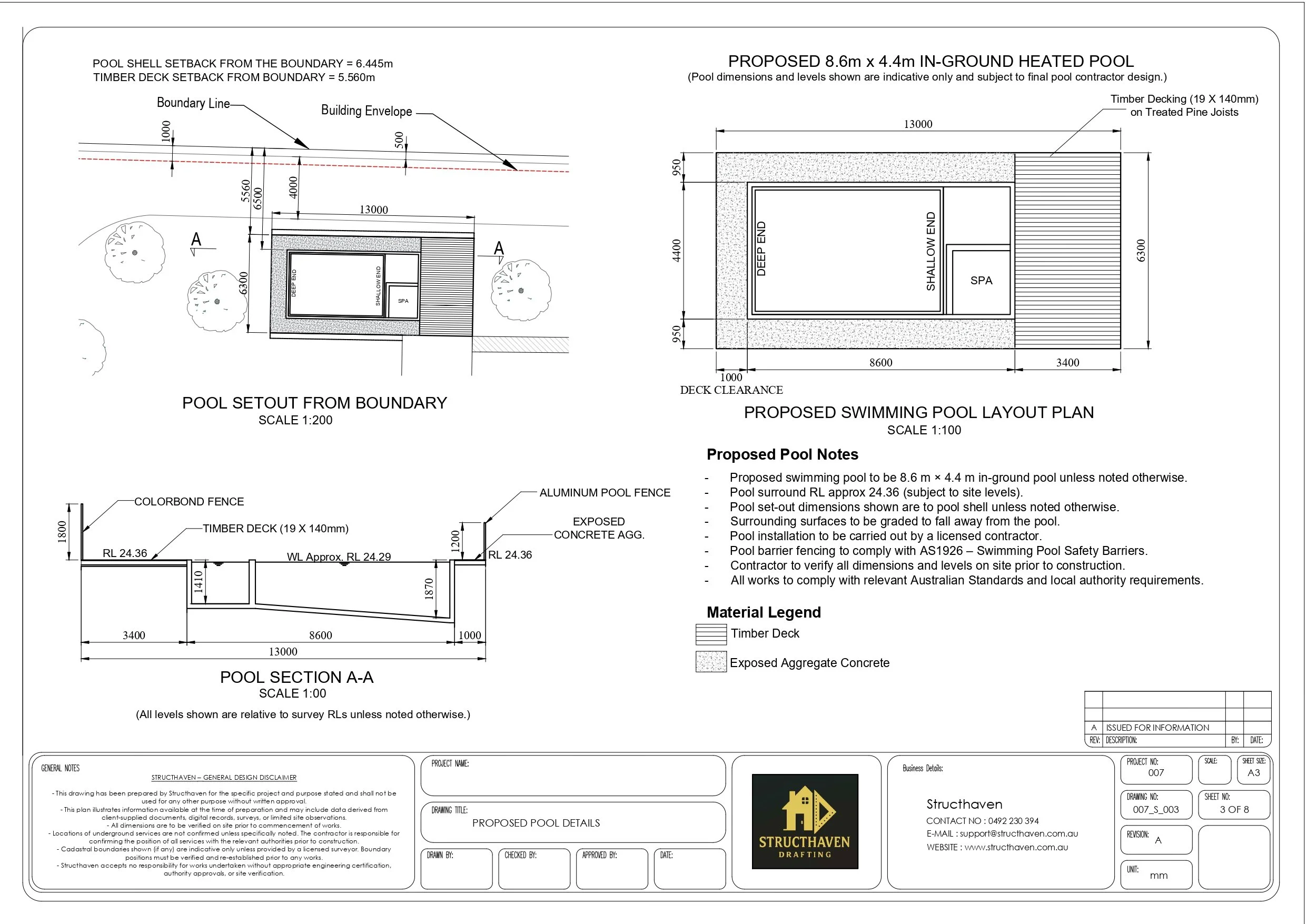 Architectural drawing of proposed 8.6m by 4.4m in-ground swimming pool with timber decking and section details designed by Structhaven drafting services