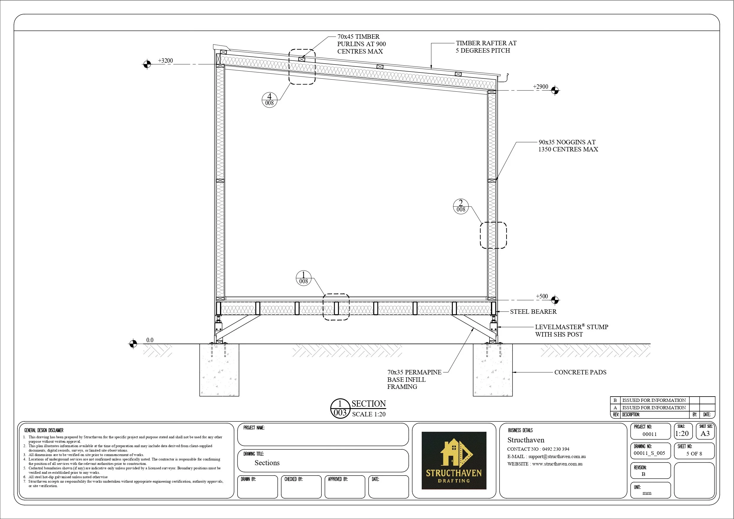 Cross-section drawing of a residential pod showing timber wall framing, skillion roof construction, floor system, concrete pad footings, insulation, and structural details.