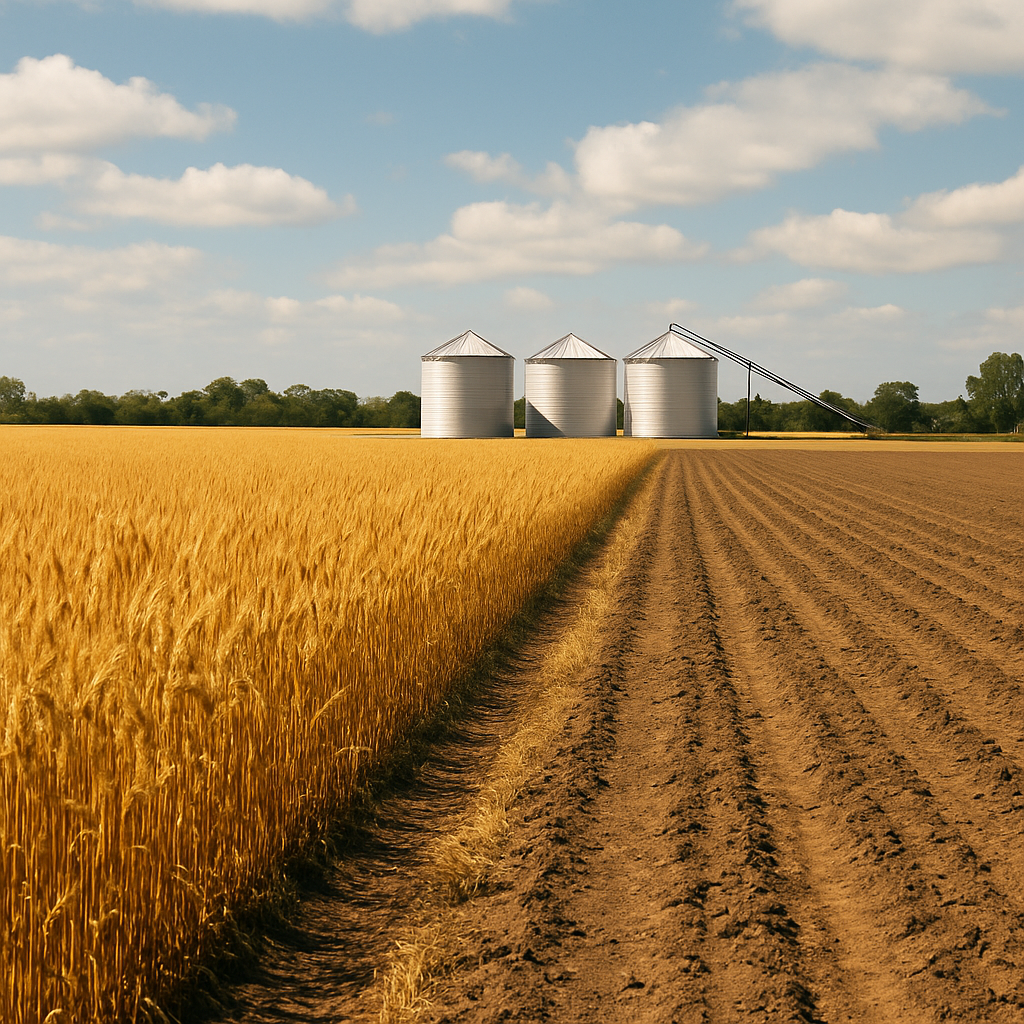 “Square image of golden broadacre cropping farmland with rich soil rows in the Darling Downs region of Queensland.”