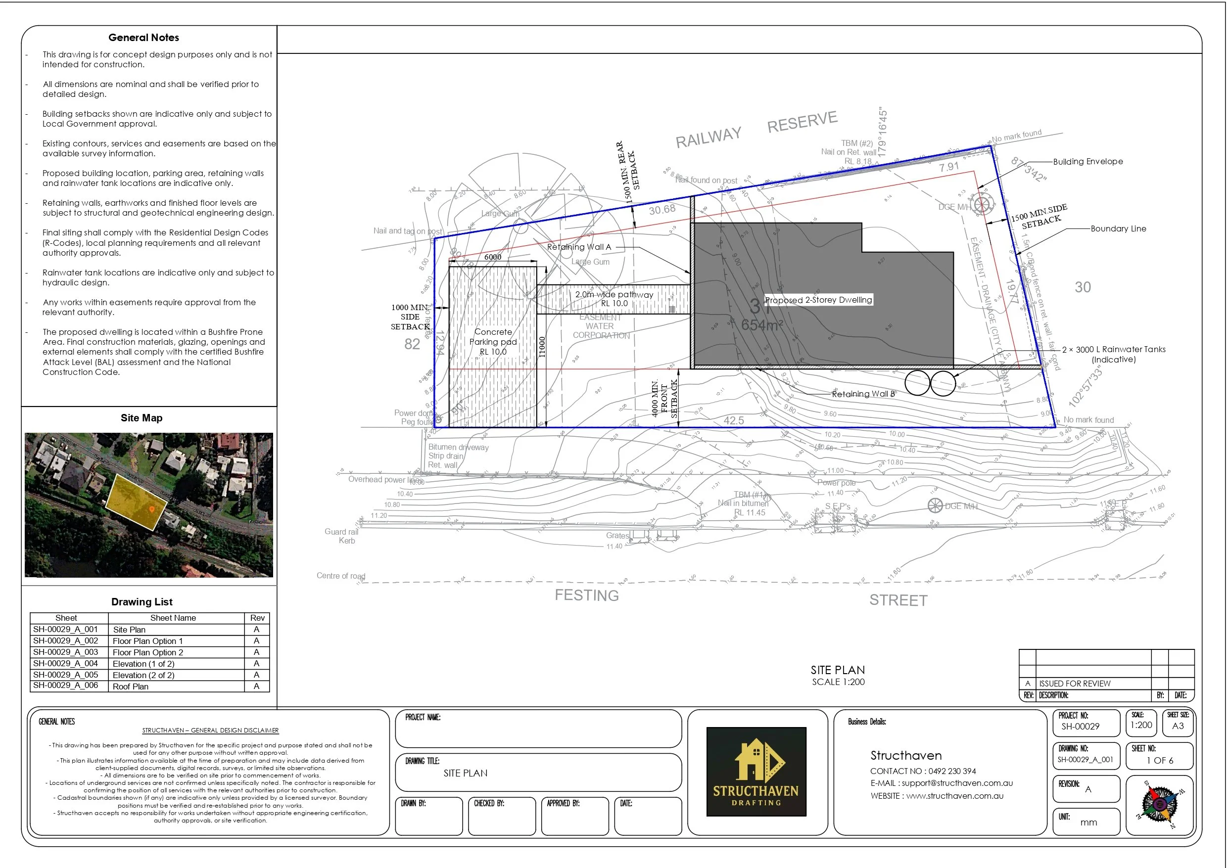 Site plan for a two-storey residential concept on a sloping block in Albany, Western Australia.