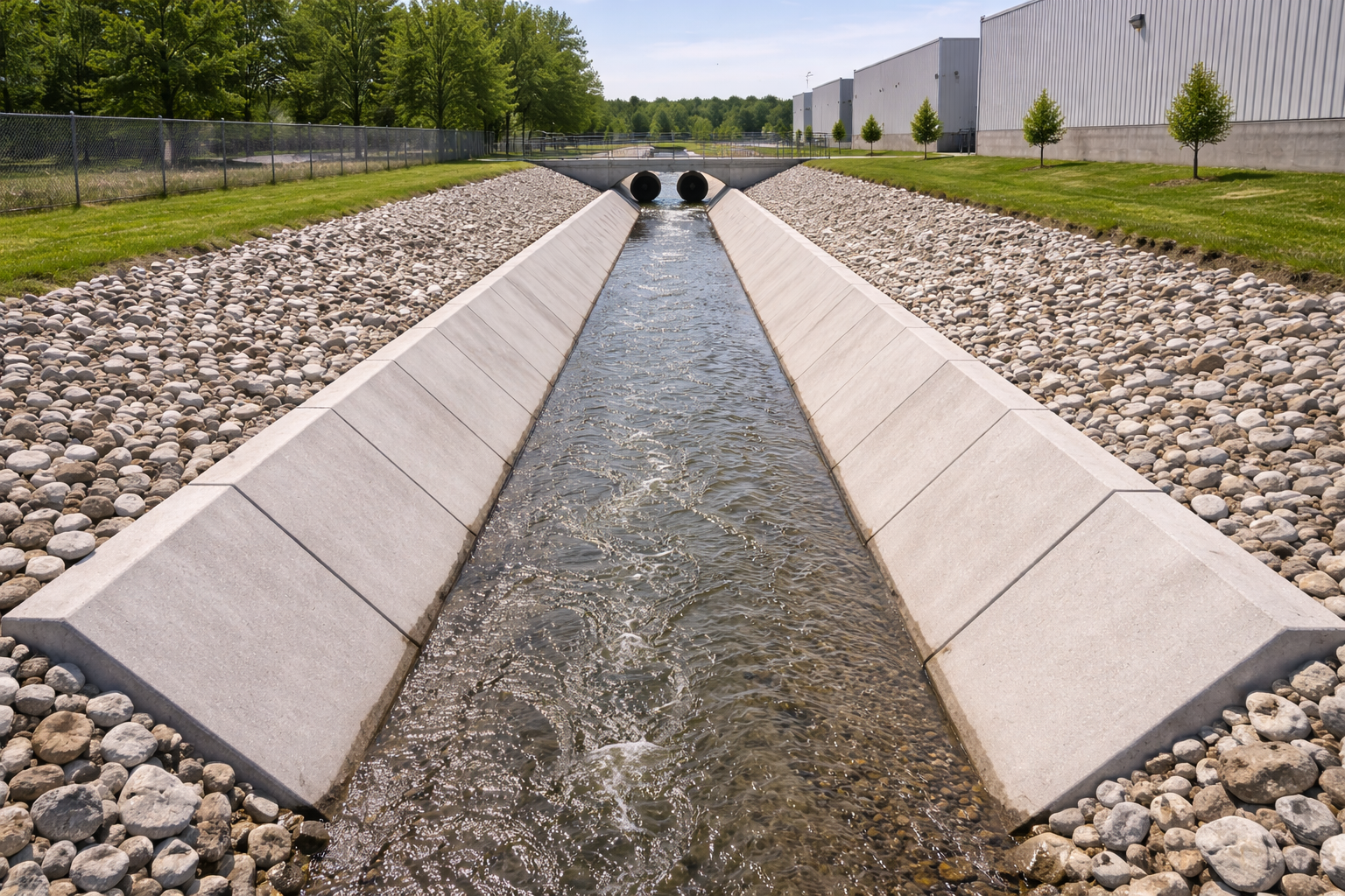 "Concrete stormwater drainage channel designed for efficient runoff management, lined with riprap and flanked by industrial buildings and a metal fence."