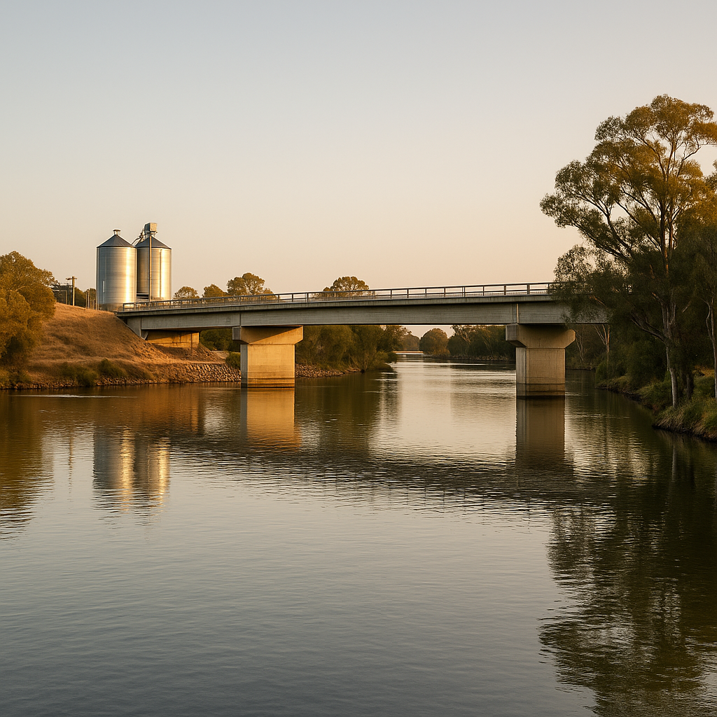 Late-afternoon view of a concrete bridge crossing the murray river with visible water infrastructure and silos nearby - symbolising Structhavens drafting services for irrigation, bridges and regional industrial projects in victoria