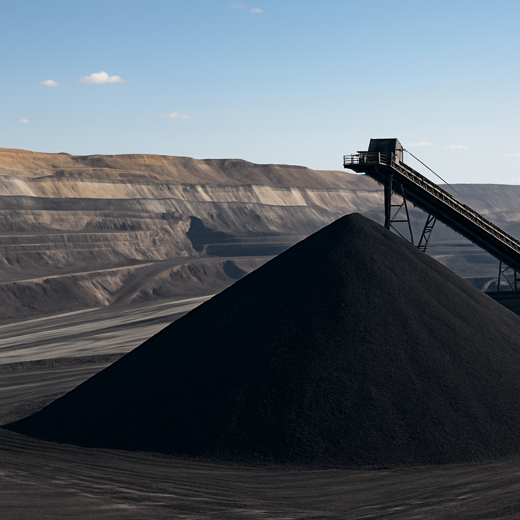 “Square image of Bowen Basin black coal stockpile and industrial conveyor infrastructure in Central Queensland.”“Square image of Bowen Basin black coal stockpile and industrial conveyor infrastructure in Central Queensland.”