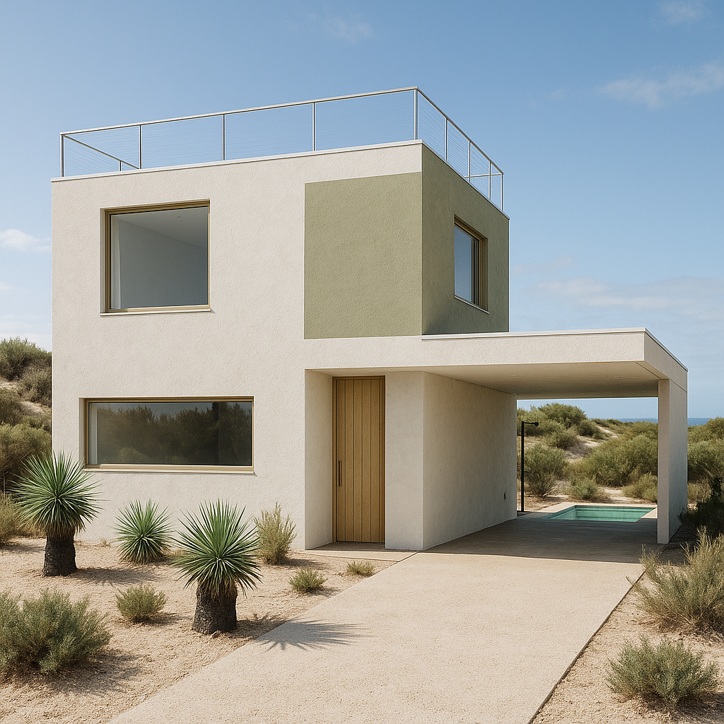 A modern, minimalist house in a desert landscape with bushes, featuring a flat roof, large windows, and an outdoor pool area.