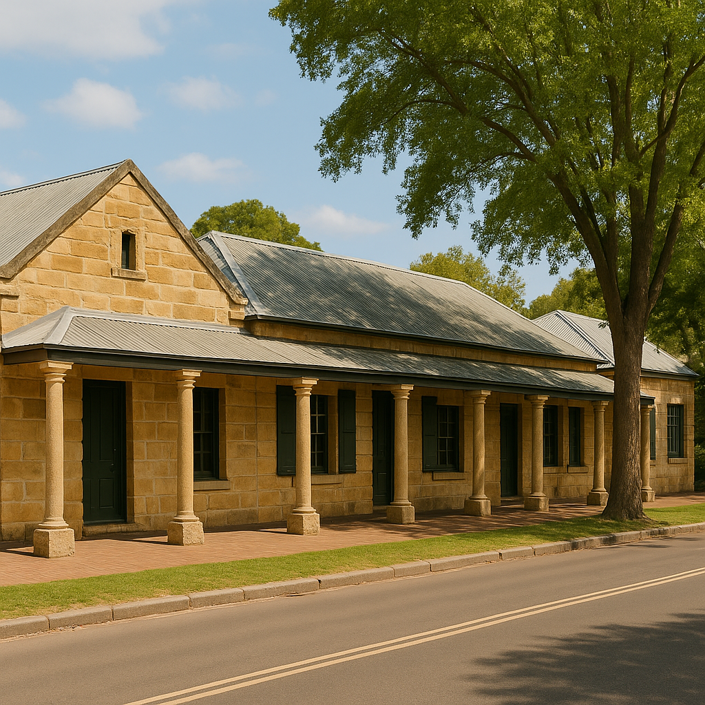 “warm sandstone heritage buildings with verandas and trees along a quiet Southern Highlands street”