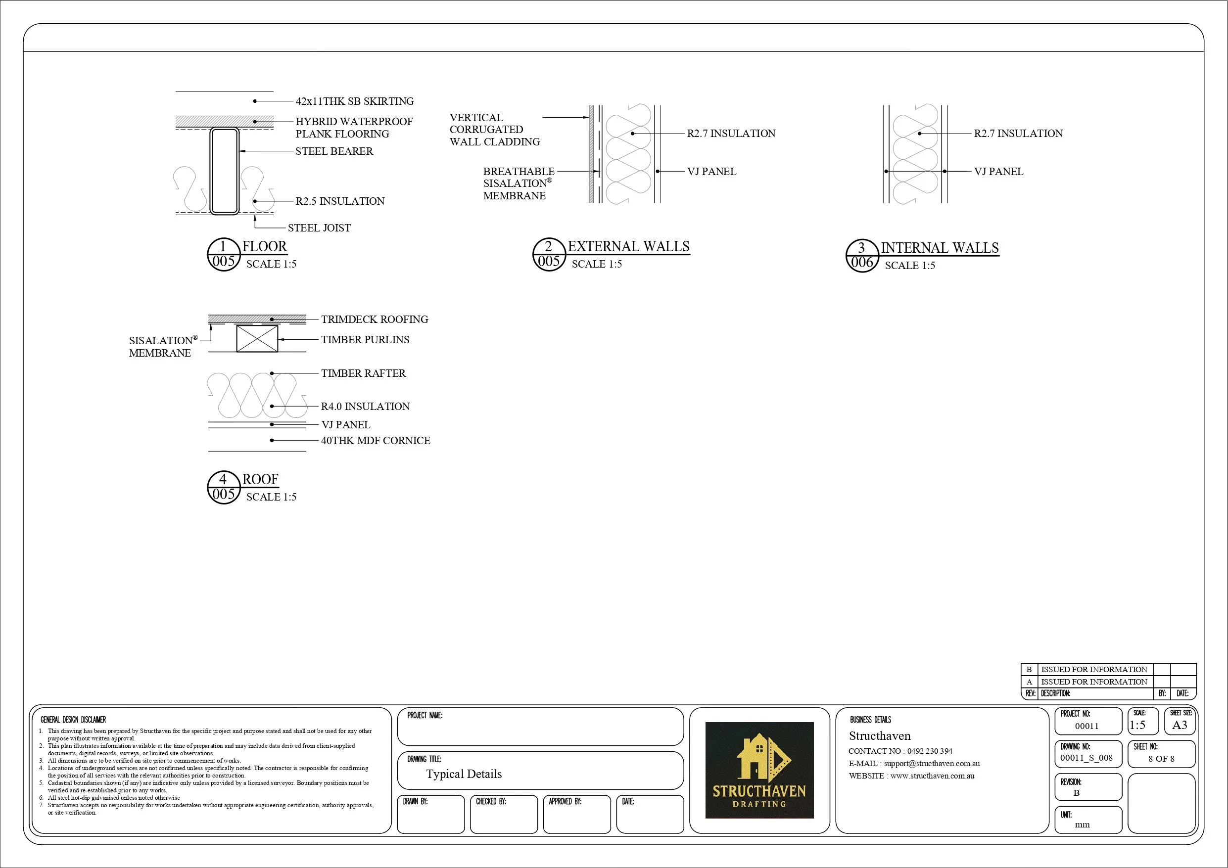 Typical construction detail sheet showing floor, roof, external wall and internal wall build-ups, including insulation, cladding, framing and roofing specifications for a residential pod.