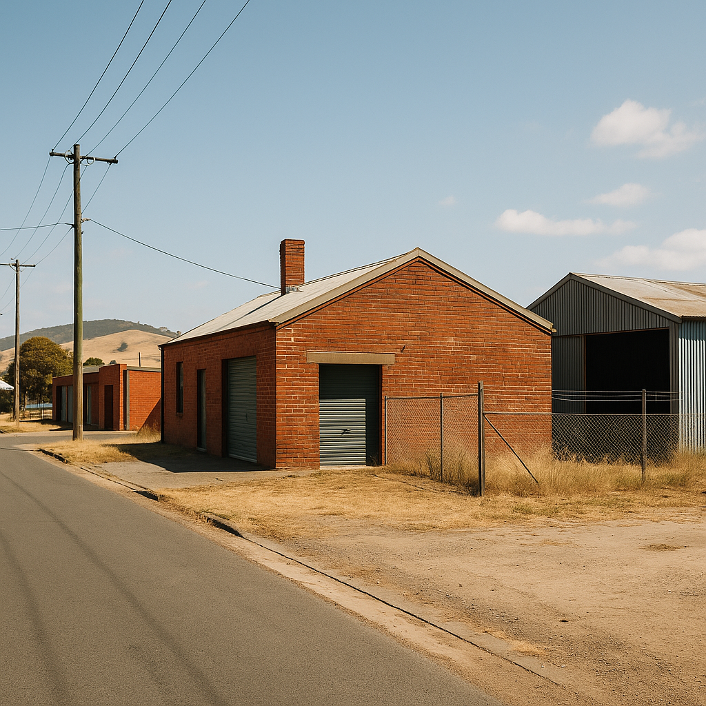 Warm daylight view of regional Central Victoria showing small industrial workshops and warehouses on the outskirts of town - reflecting Structhavens drafting expertise for rural commercial and industrial developments.