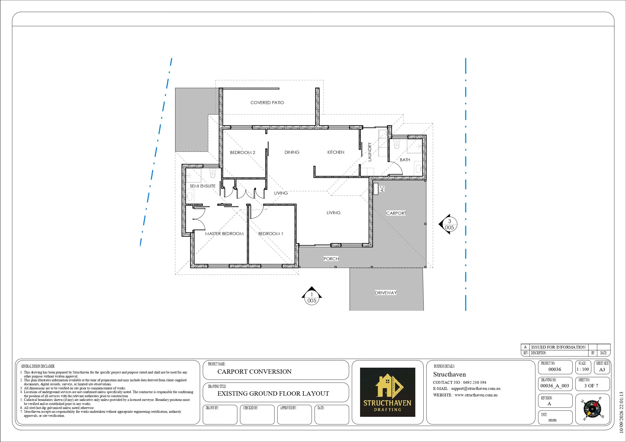 Residential site plan showing existing dwelling, carport conversion area and retained parking area.