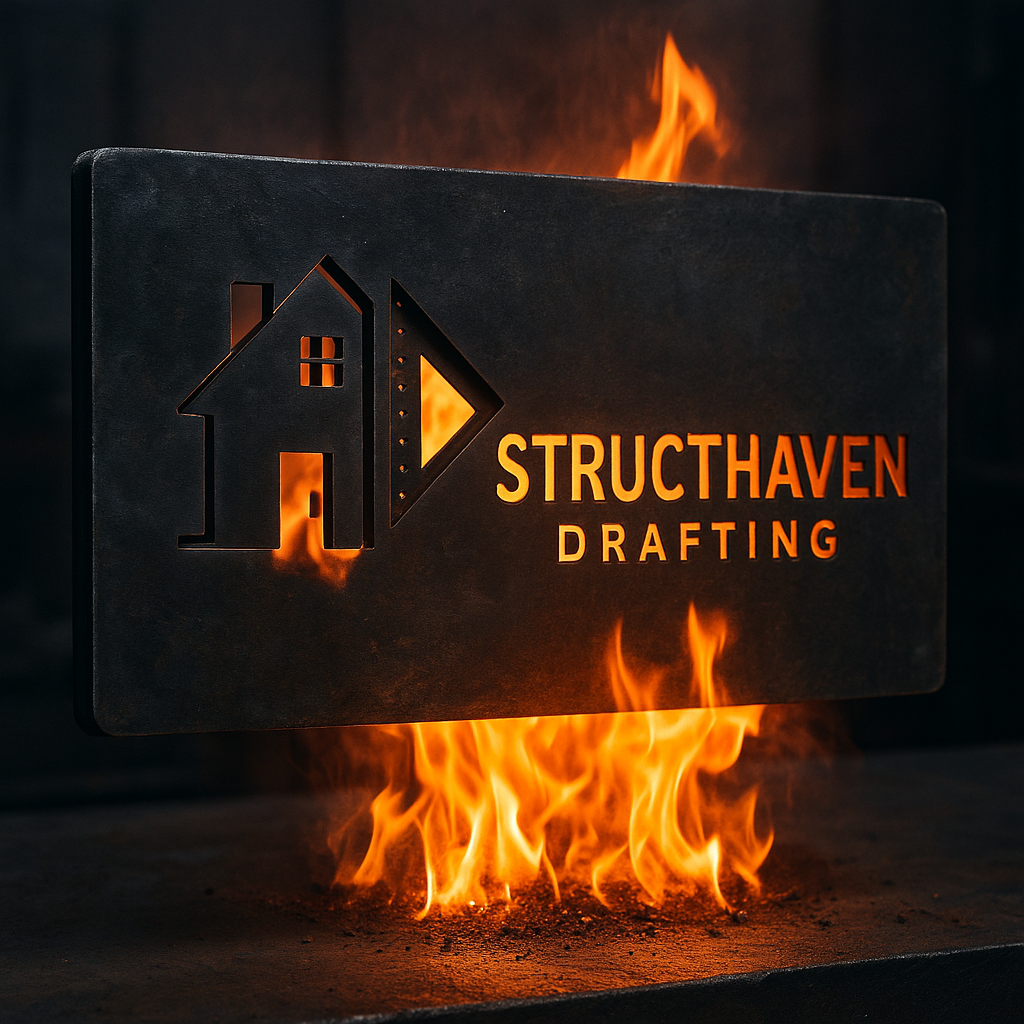 Structhaven Drafting logo laser cut through a thick black industrial steel plate with bright flames glowing behind it, symbolising the strength and precision of Structhaven’s engineering, mining and architectural drafting services across Australia.