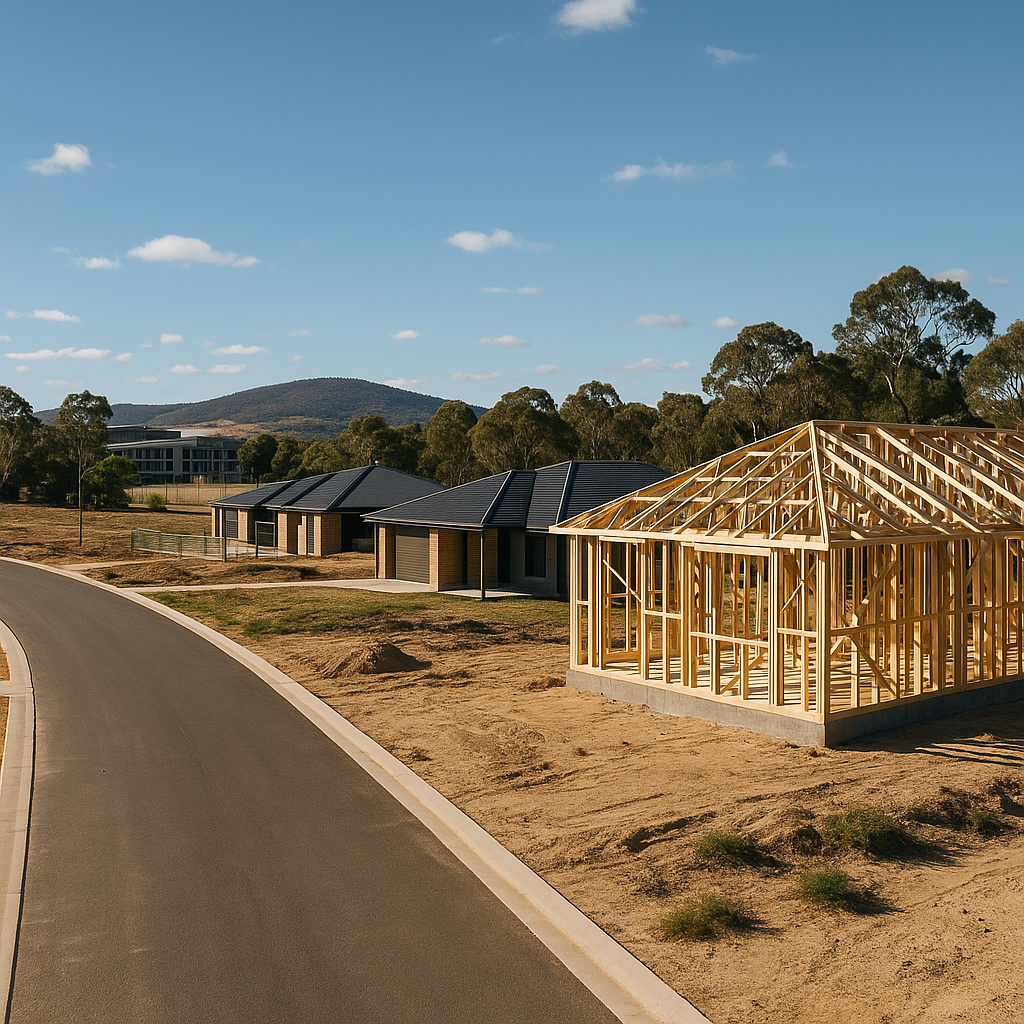 Gungahlin region in canberra showing new residential development under construction with timber-framed houses, open paddocks, and distant hills beneath a clear blue sky - for new estates, subdivisions and residential projects across Northern ACT