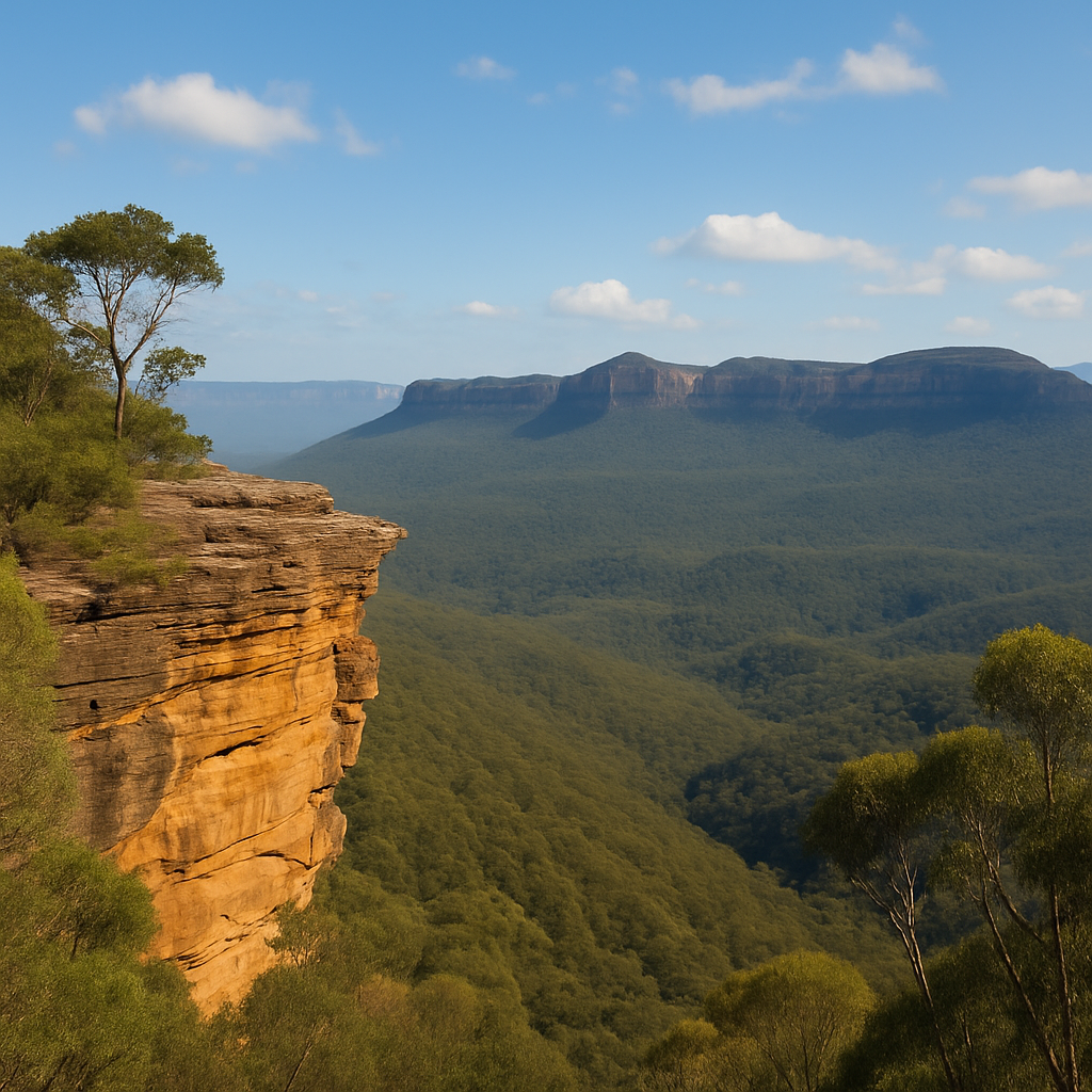 “sandstone escarpment overlooking deep forested valley under clear blue sky in the Blue Mountains”