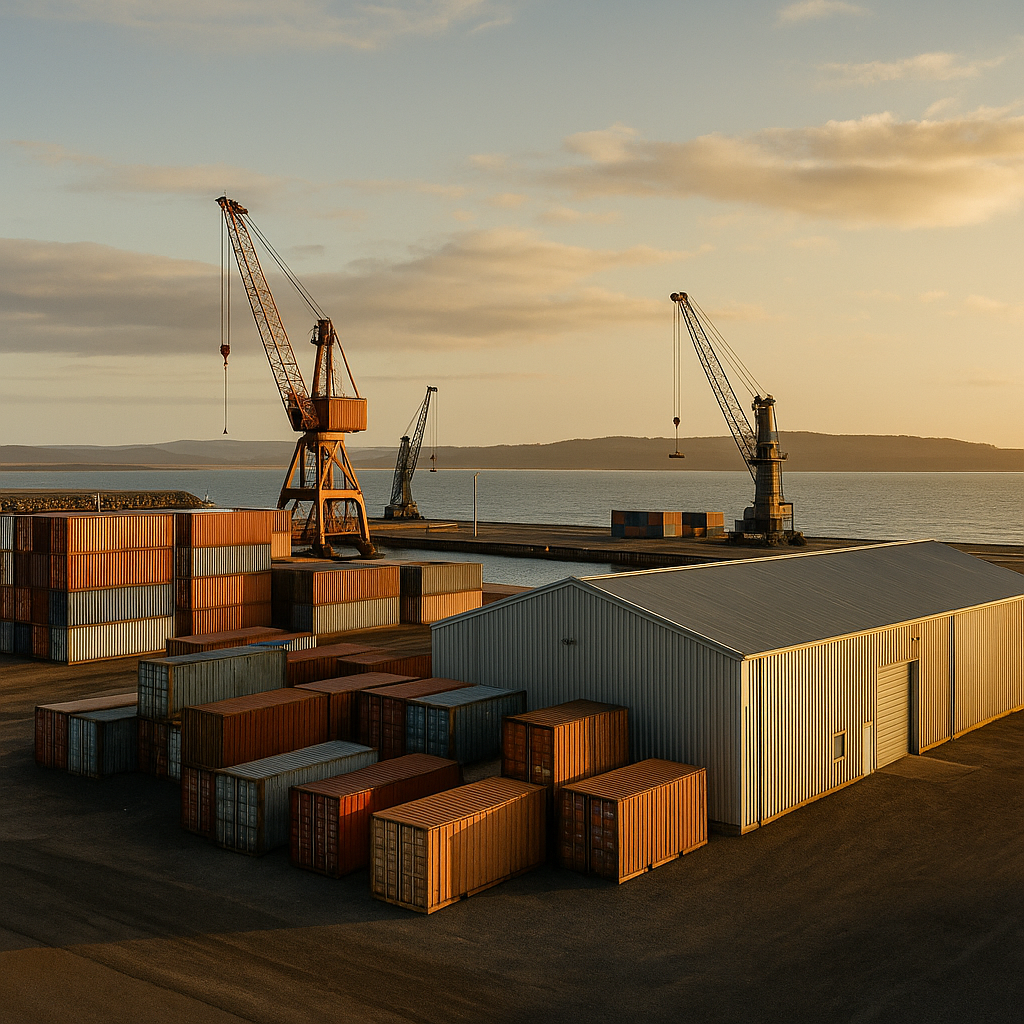 North west tasmania coastal port scene showing warehouses, shipping containers, and cranes near devonport and burnie - representing Strcuthavens drafting services for logistics, transport and industrial infrastructure across Tasmanias north west