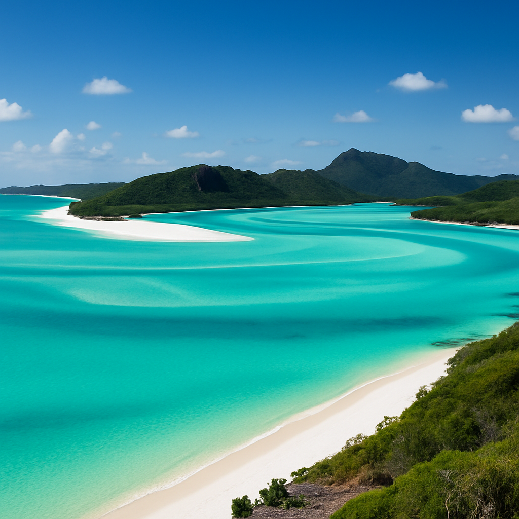 “Square image of white silica sandbank and vivid turquoise lagoon water in the Whitsunday and Mackay region of Queensland.”