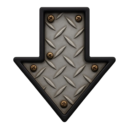 Black arrow-shaped sign with metallic textured surface and four visible screws, pointing downward.