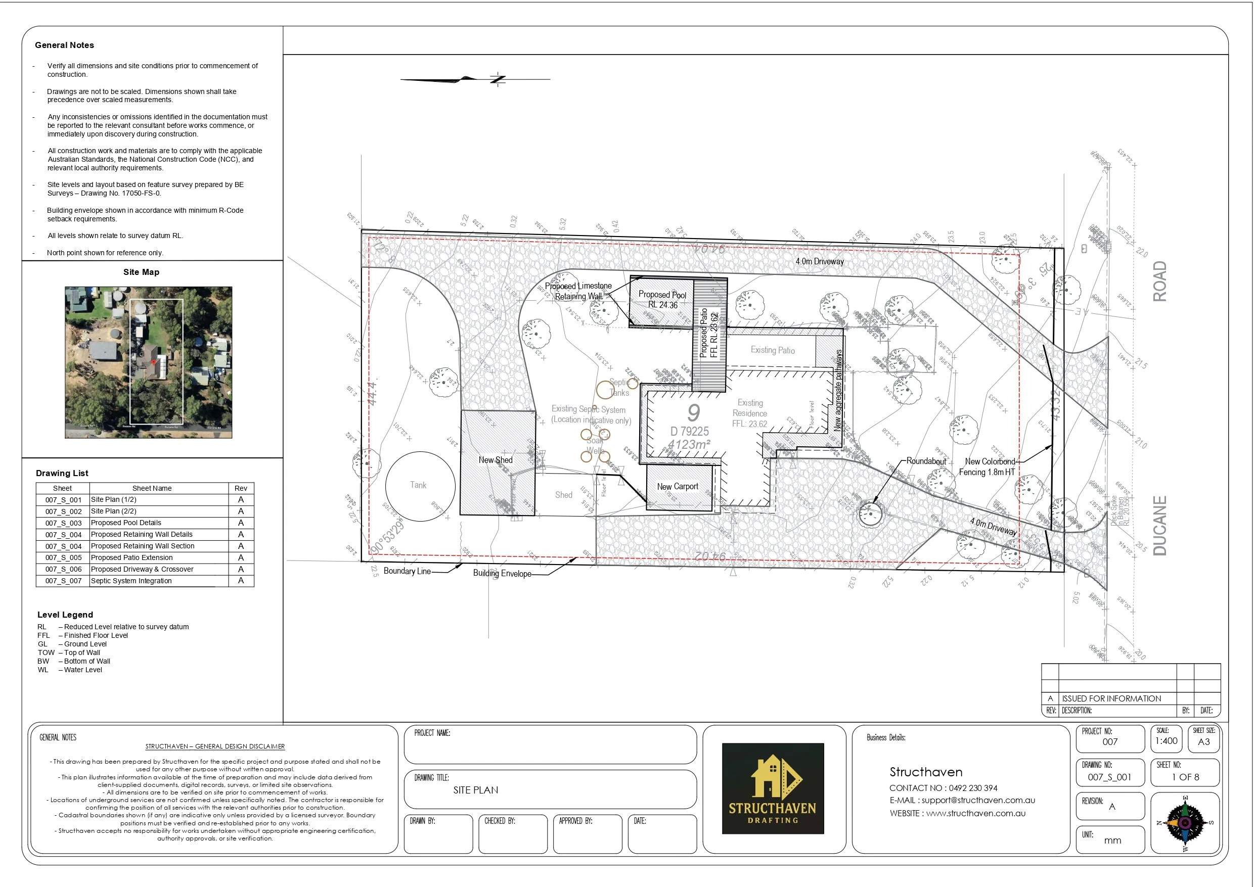 Residential site plan drafting showing proposed swimming pool, patio extension, retaining walls and driveway layout at 13 Ducane Road Gelorup WA by Structhaven drafting services