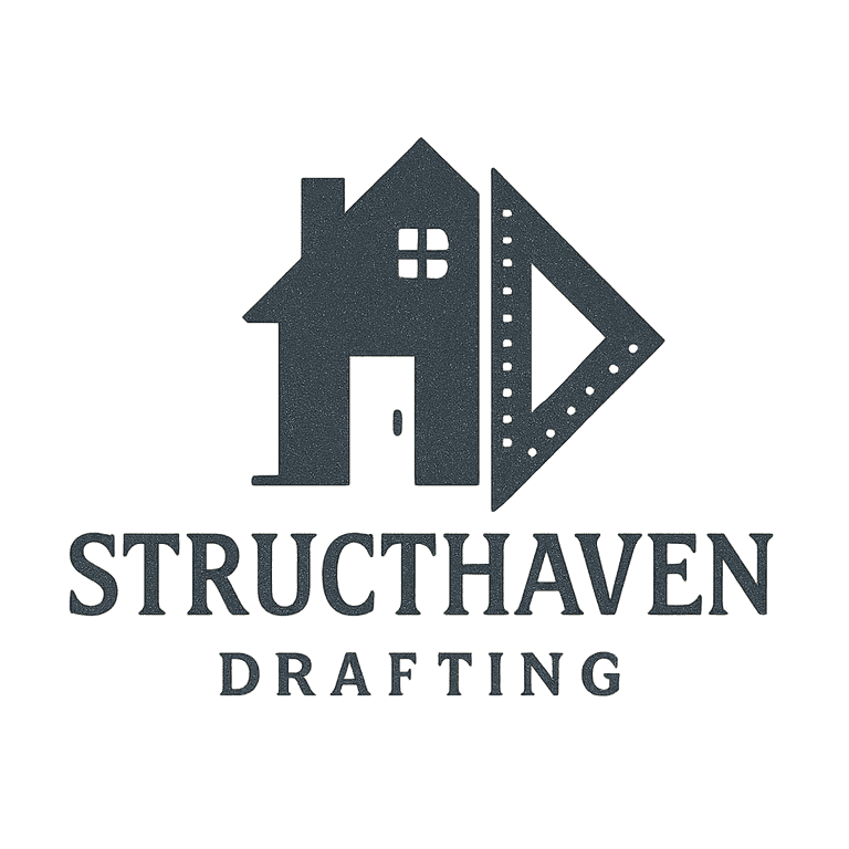 Logo for Struchaven Drafting featuring a house silhouette, a ruler, and text reading 'Struchaven Drafting'.