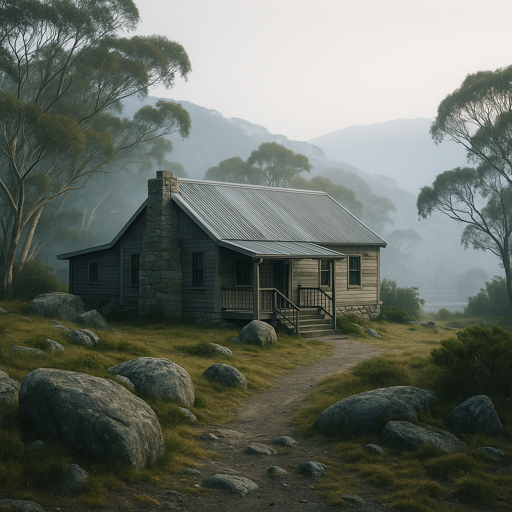 Realistic alpine scene in Victorias highcountry showing a timber mountain lodge surrounded by fog, snow, gums and granite boulders - illustrating Structhavens drafting capability for alpine tourism and rural accommodation design